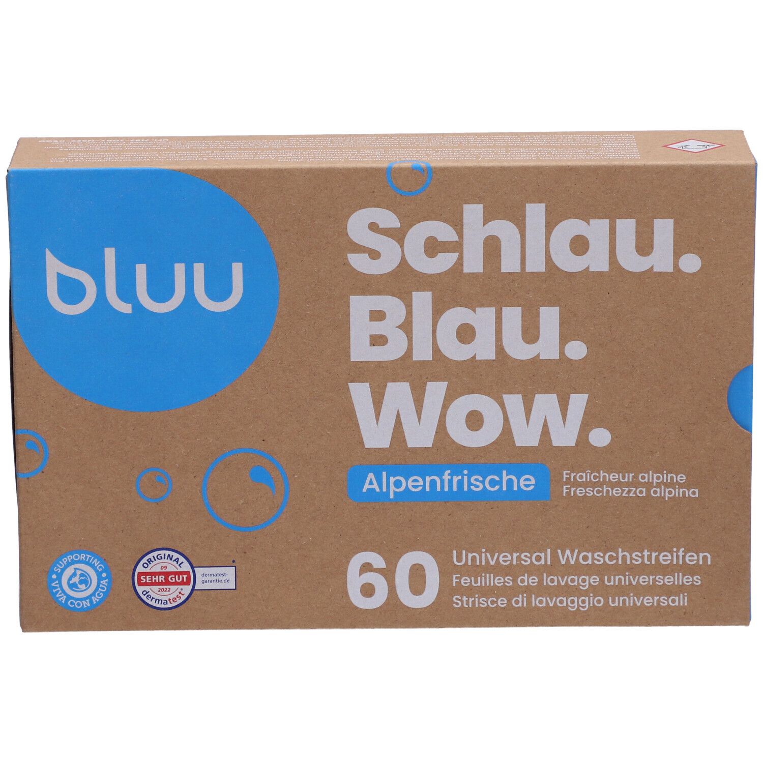 Karton "bluu" mit Text. Enthält 60 Waschstreifen Alpenfrische. Siegel "Sehr Gut".