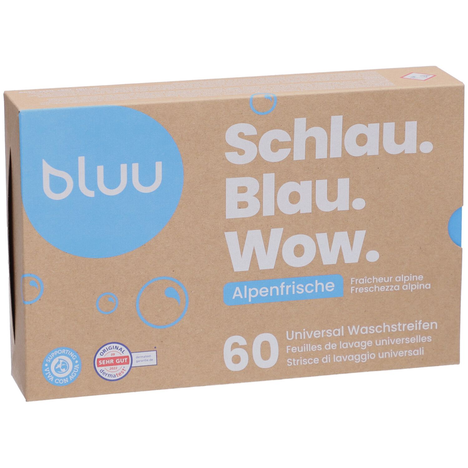 Karton "bluu" mit Text. Enthält 60 Waschstreifen Alpenfrische. Siegel "Sehr Gut".