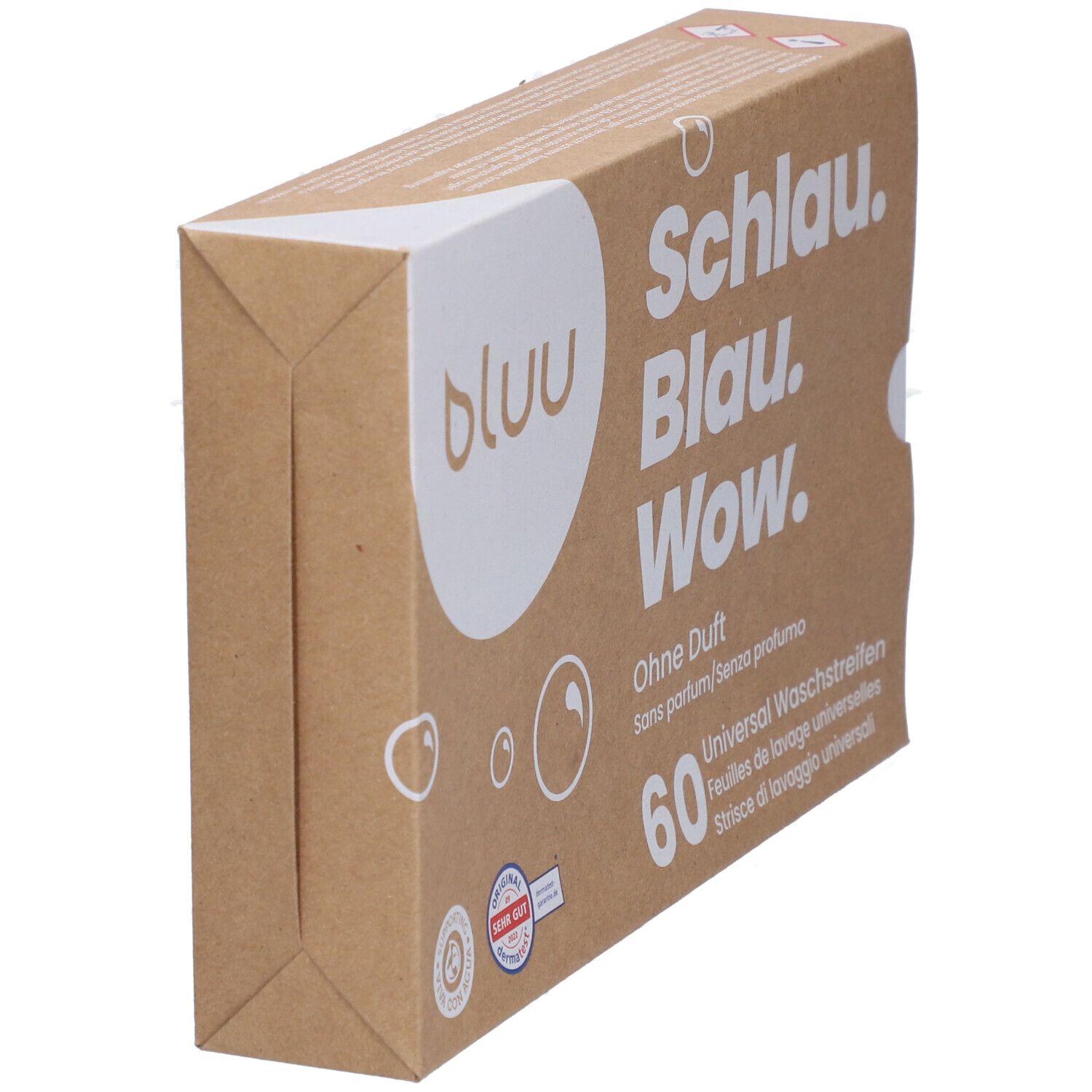 Karton mit Waschstreifen, schräg. Aufschrift: Schlau. Blau. Wow. Ohne Duft. 60 Waschstreifen. Siegel.