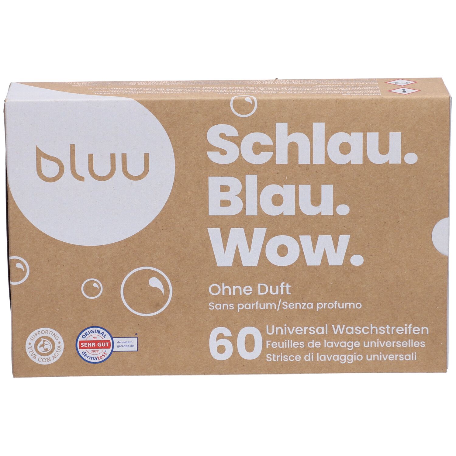 Karton mit Waschstreifen. Aufschrift: Schlau. Blau. Wow. Ohne Duft. 60 Waschstreifen. Siegel: Sehr Gut.