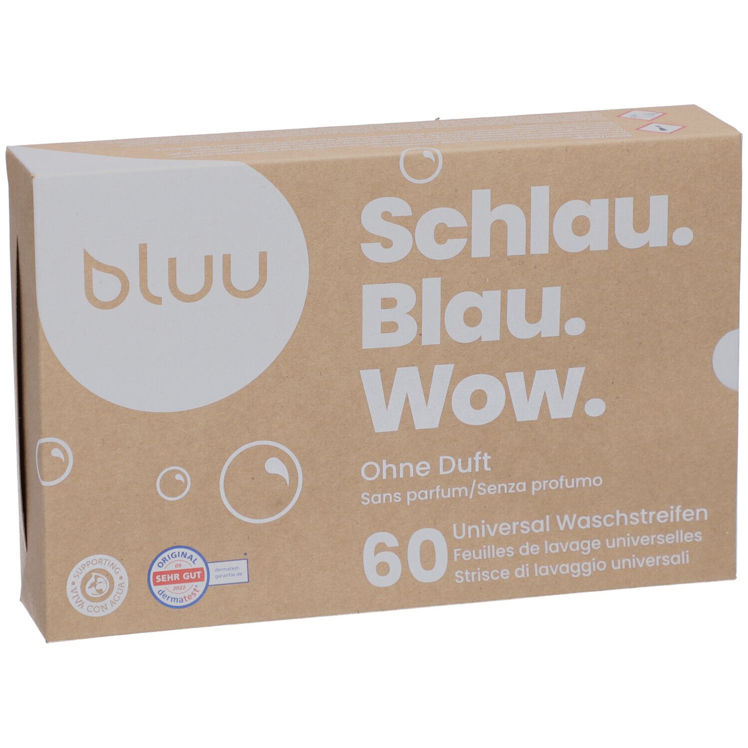 Karton mit Waschstreifen. Aufschrift: Schlau. Blau. Wow. Ohne Duft. 60 Waschstreifen. Siegel: Sehr Gut.