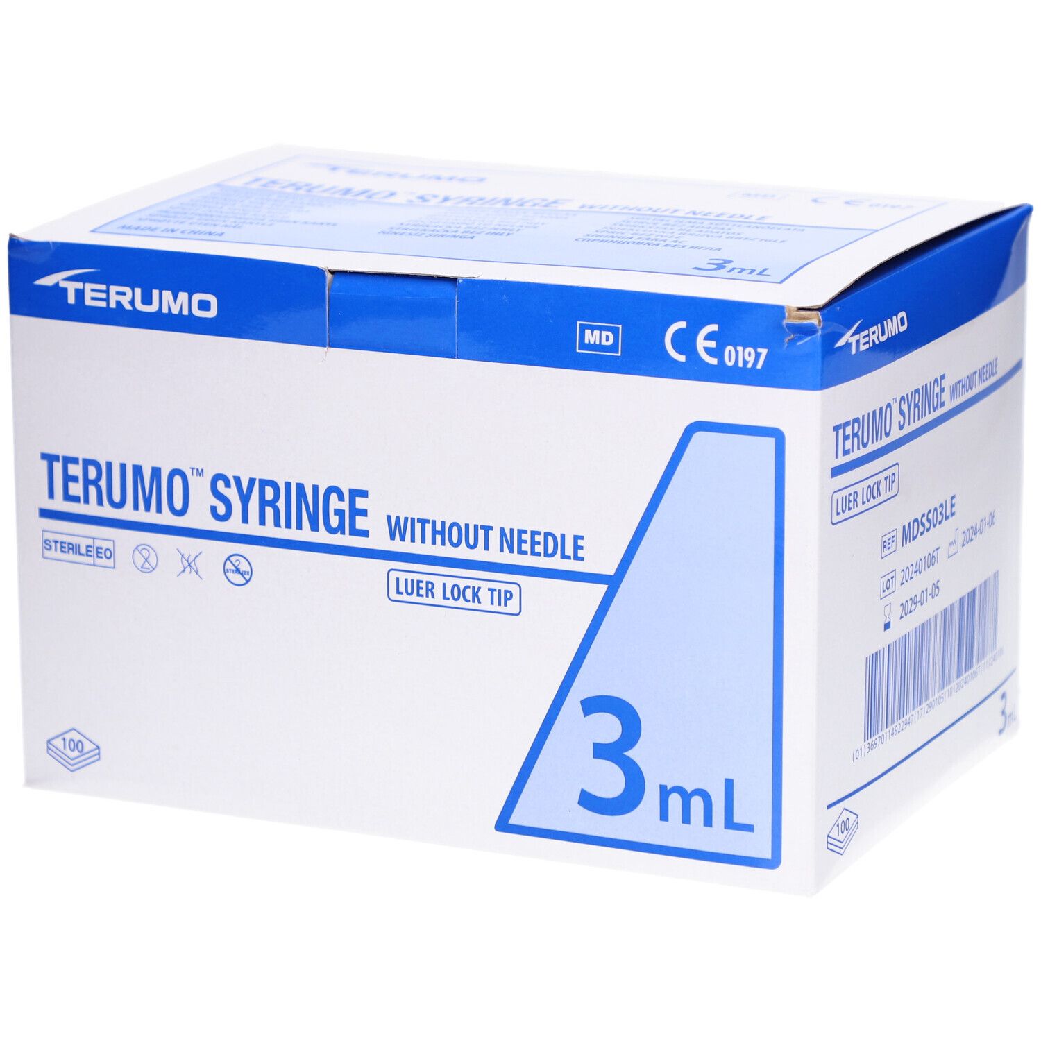 Verpackung Terumo Spritze ohne Nadel, 3 ml. Blaue und weiße Schachtel mit Produktinformationen und Logo.