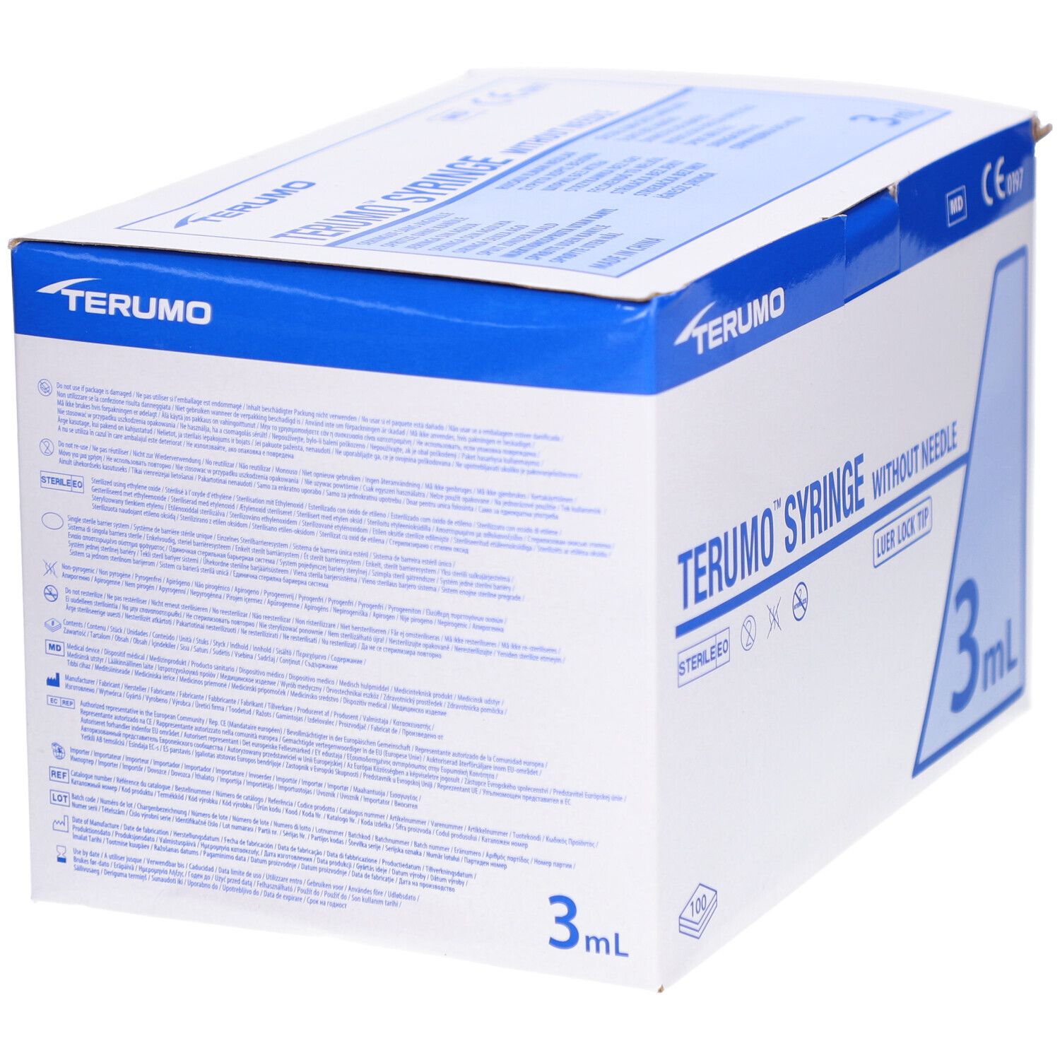 Verpackung Terumo Spritze ohne Nadel, 3 ml. Blaue und weiße Schachtel mit Produktinformationen und Logo.