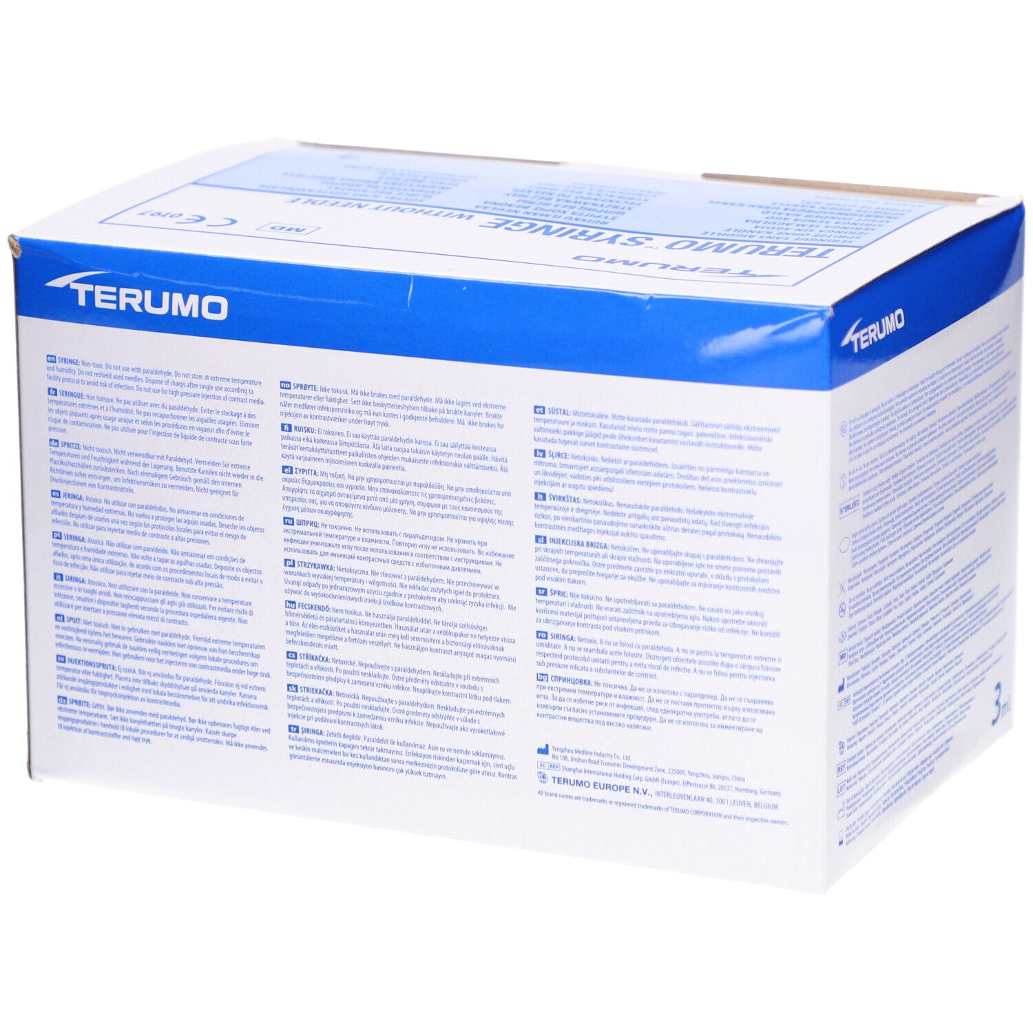 Verpackung Terumo Spritze ohne Nadel, 3 ml. Blaue und weiße Schachtel mit Produktinformationen und Logo.