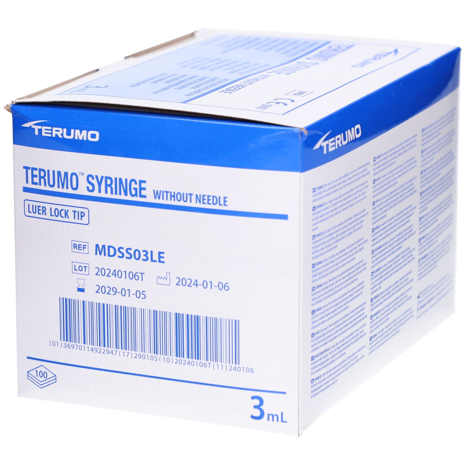 Verpackung Terumo Spritze ohne Nadel, 3 ml. Blaue und weiße Schachtel mit Produktinformationen und Logo.
