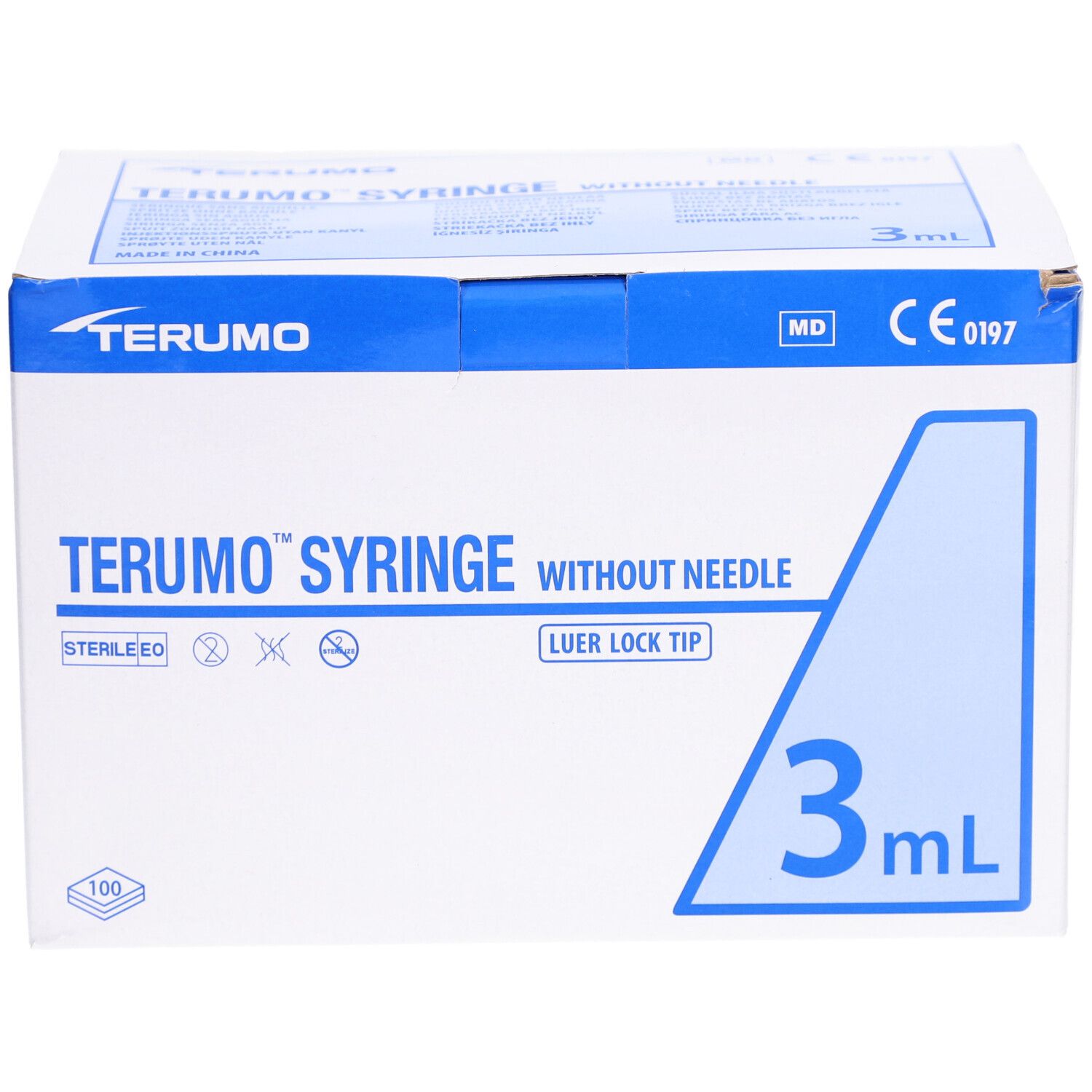 Verpackung Terumo Spritze ohne Nadel, 3 ml. Blaue und weiße Schachtel mit Produktinformationen und Logo.