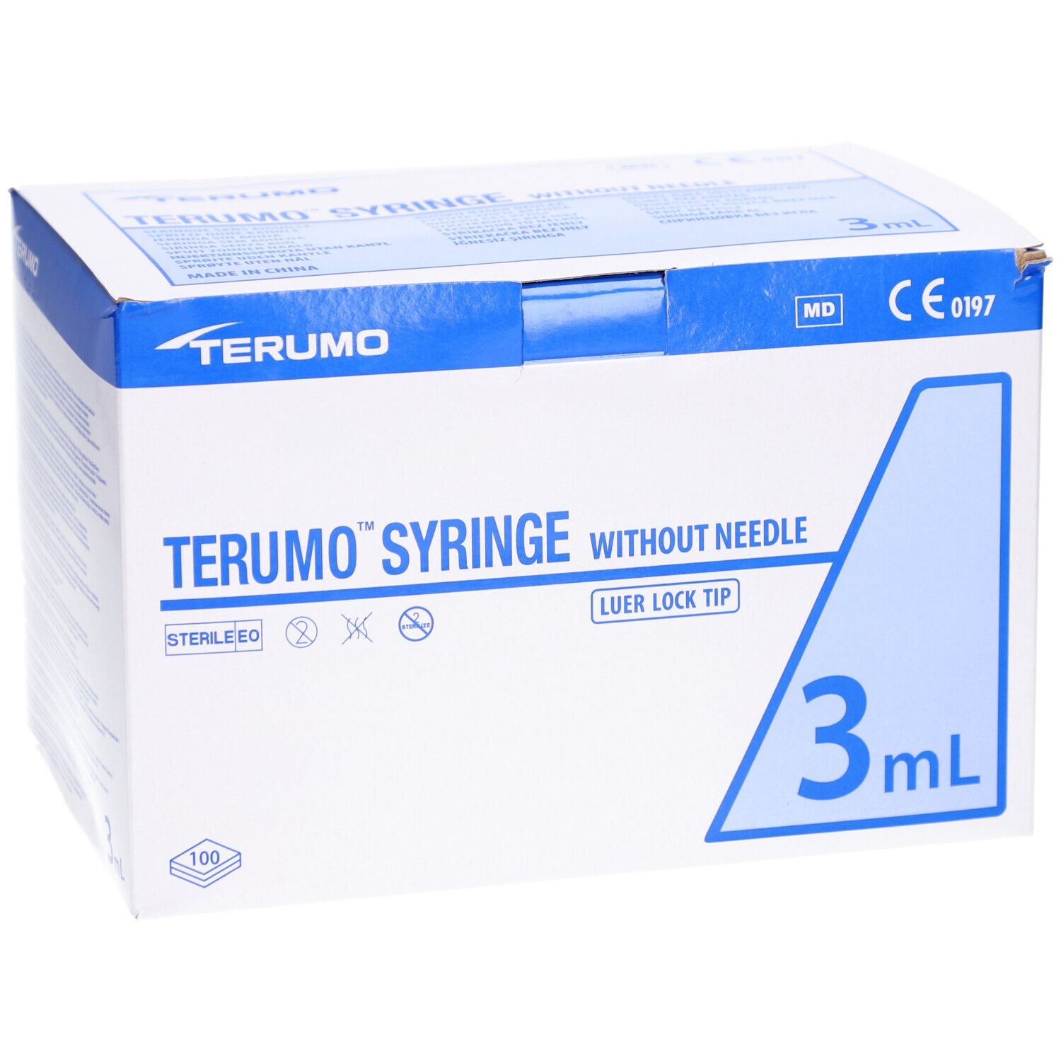 Verpackung Terumo Spritze ohne Nadel, 3 ml. Blaue und weiße Schachtel mit Produktinformationen und Logo.