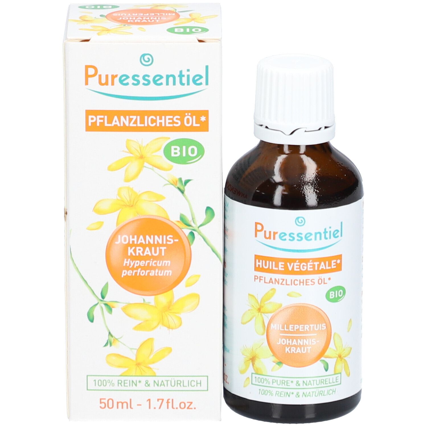 Emballage et flacon. Boîte blanche avec nom du produit, label bio et illustration de fleurs. Flacon brun à côté.