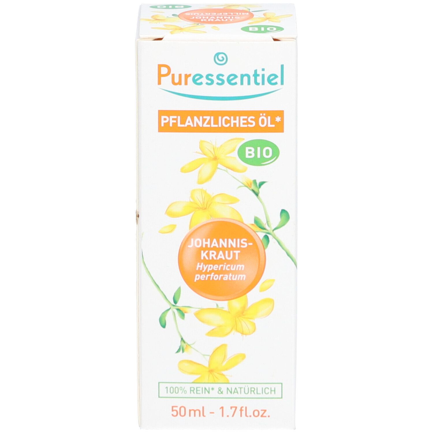 Emballage blanc. Nom du produit, label bio et illustration de fleurs. Inscription: 50ml - 1.7 fl.oz.