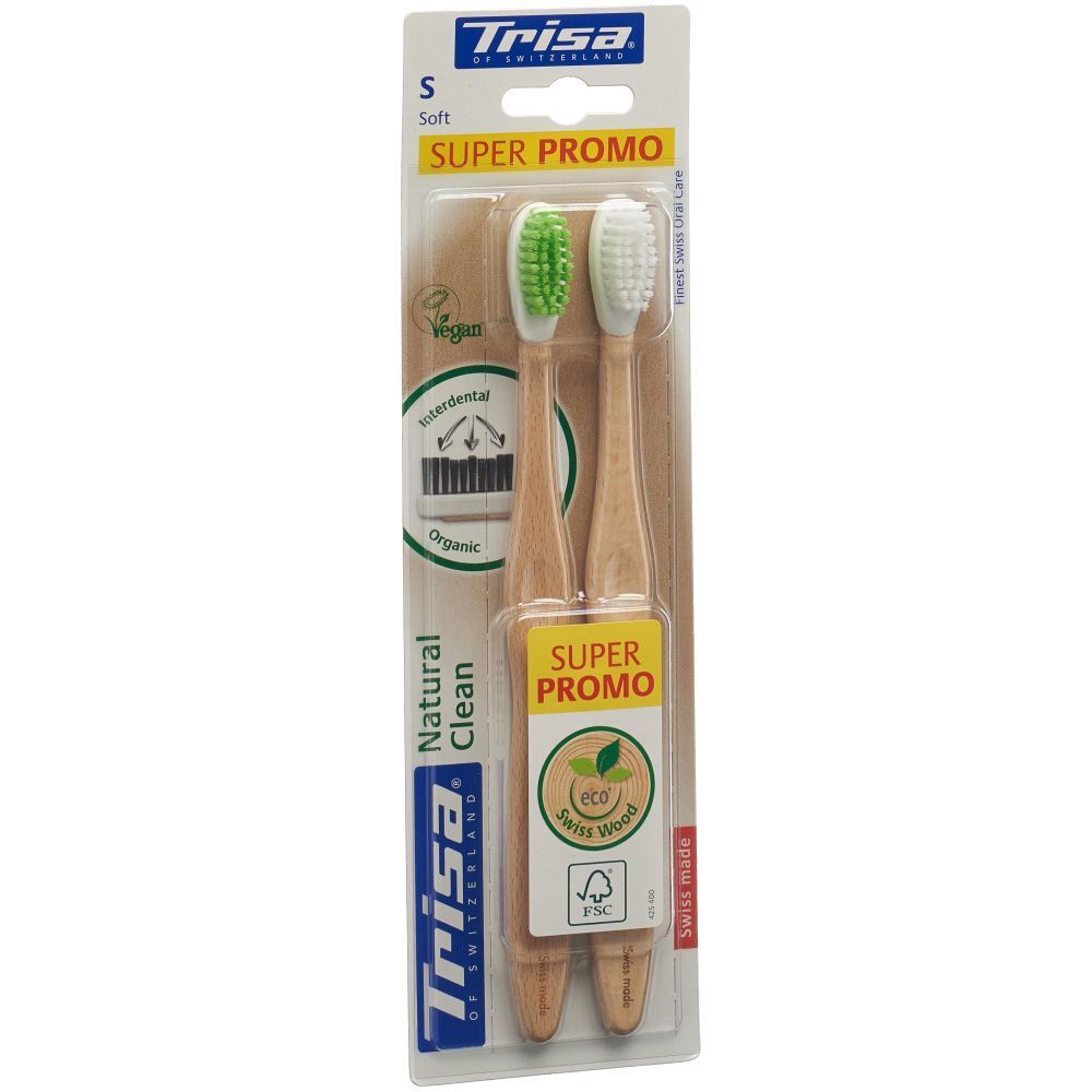Deux brosses à dents avec manches en bois et soies vertes/blanches. Emballage avec étiquette "SUPER PROMO" et logo "Vegan".