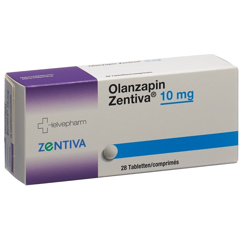 Boîte de comprimés Olanzapine Zentiva 10 mg. Inscription : 28 comprimés. Logo Helvepharm et Zentiva.