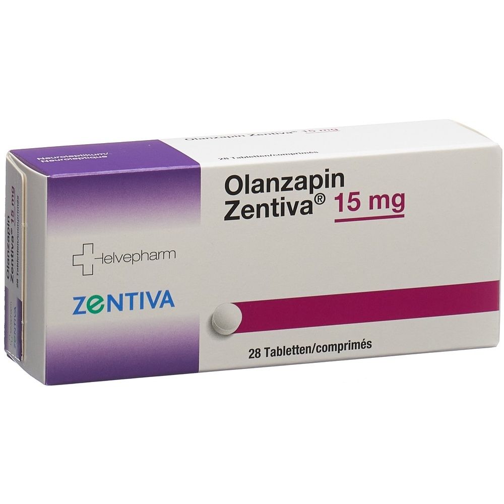 Schachtel mit OLANZAPIN Zentiva 15 mg Tabletten. Aufschrift: Helvepharm, Zentiva. Enthält 28 Tabletten.
