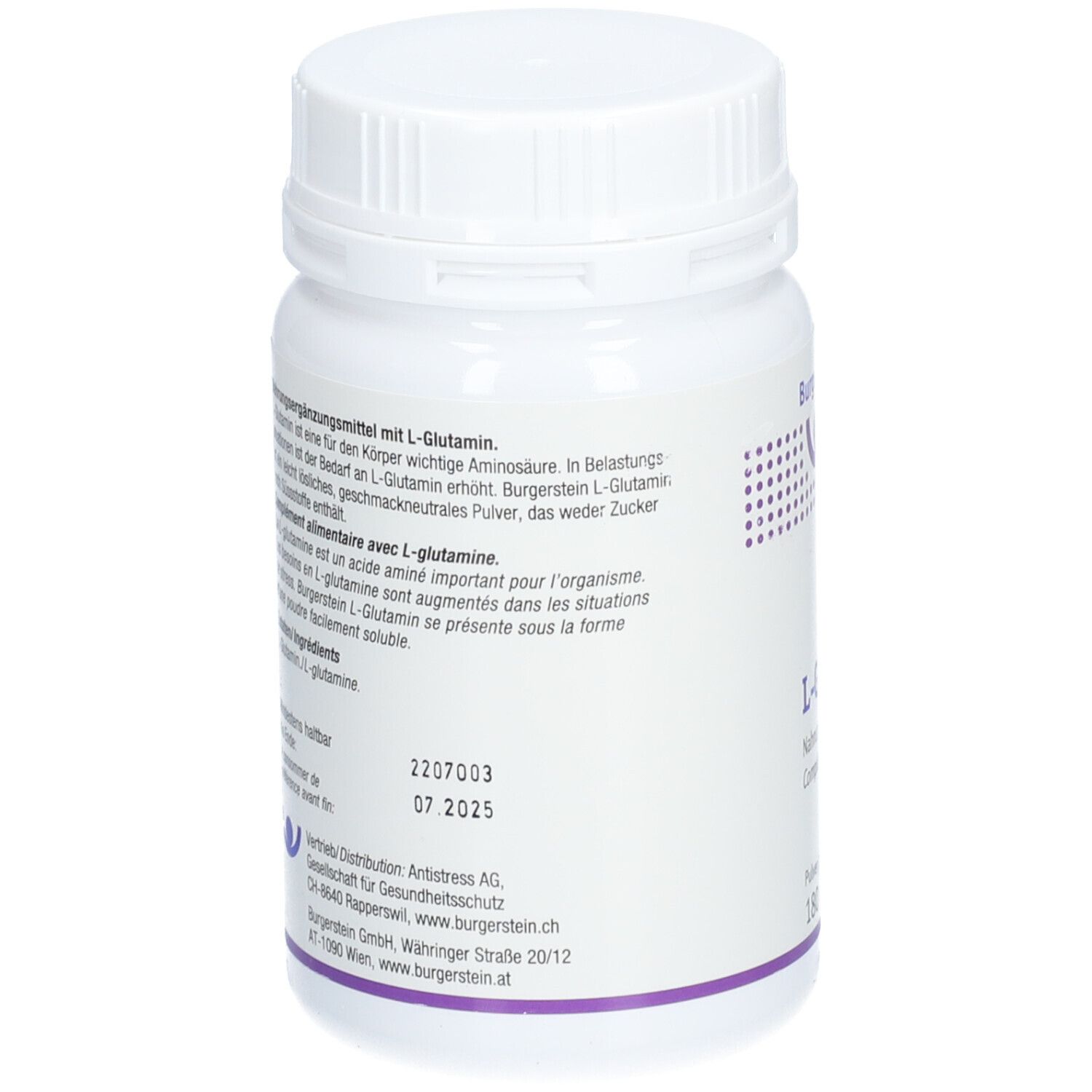 Rückseite der weißen Supplement-Dose. Textinformationen zu L-Glutamin und Herstellerangaben.