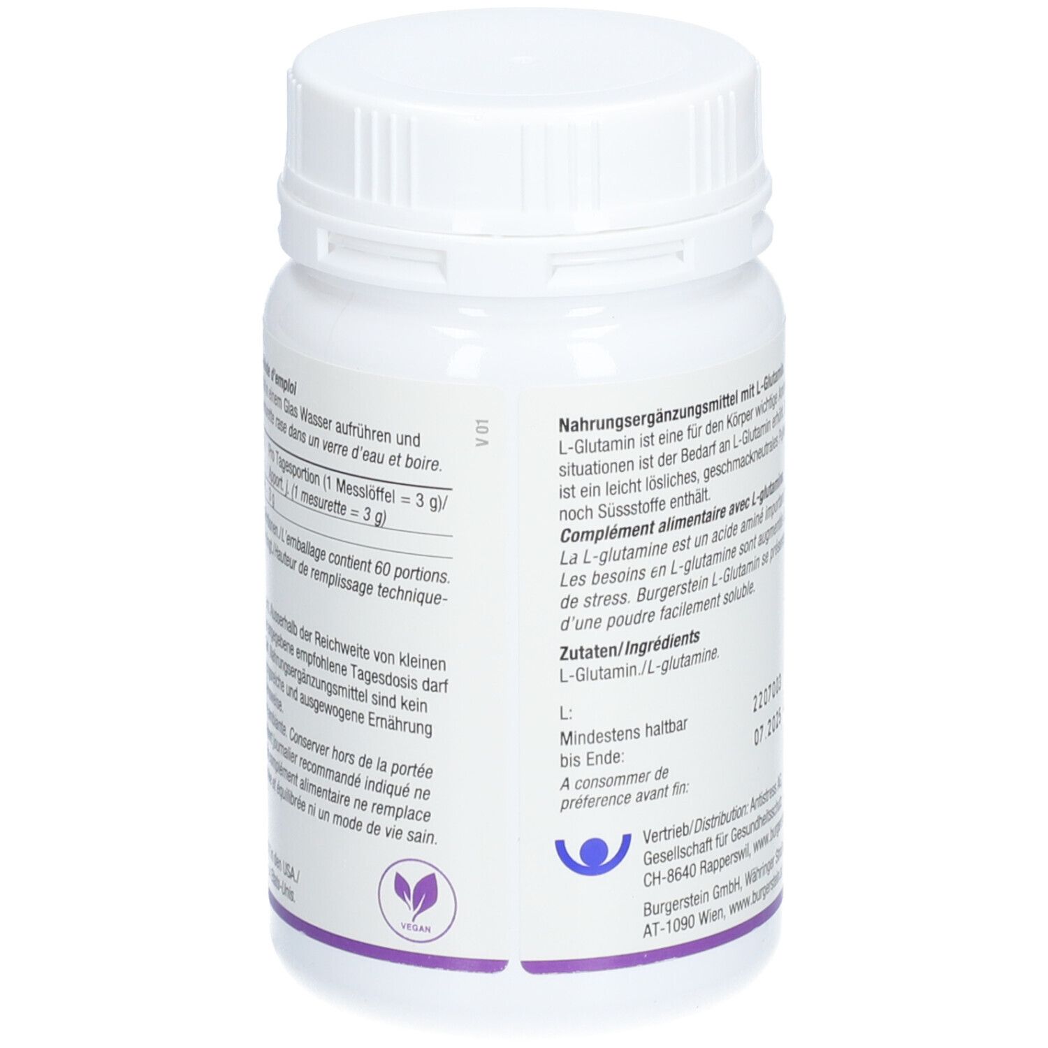 Rückseite der weißen Supplement-Dose. Textinformationen, veganes Logo, Mindesthaltbarkeitsdatum.