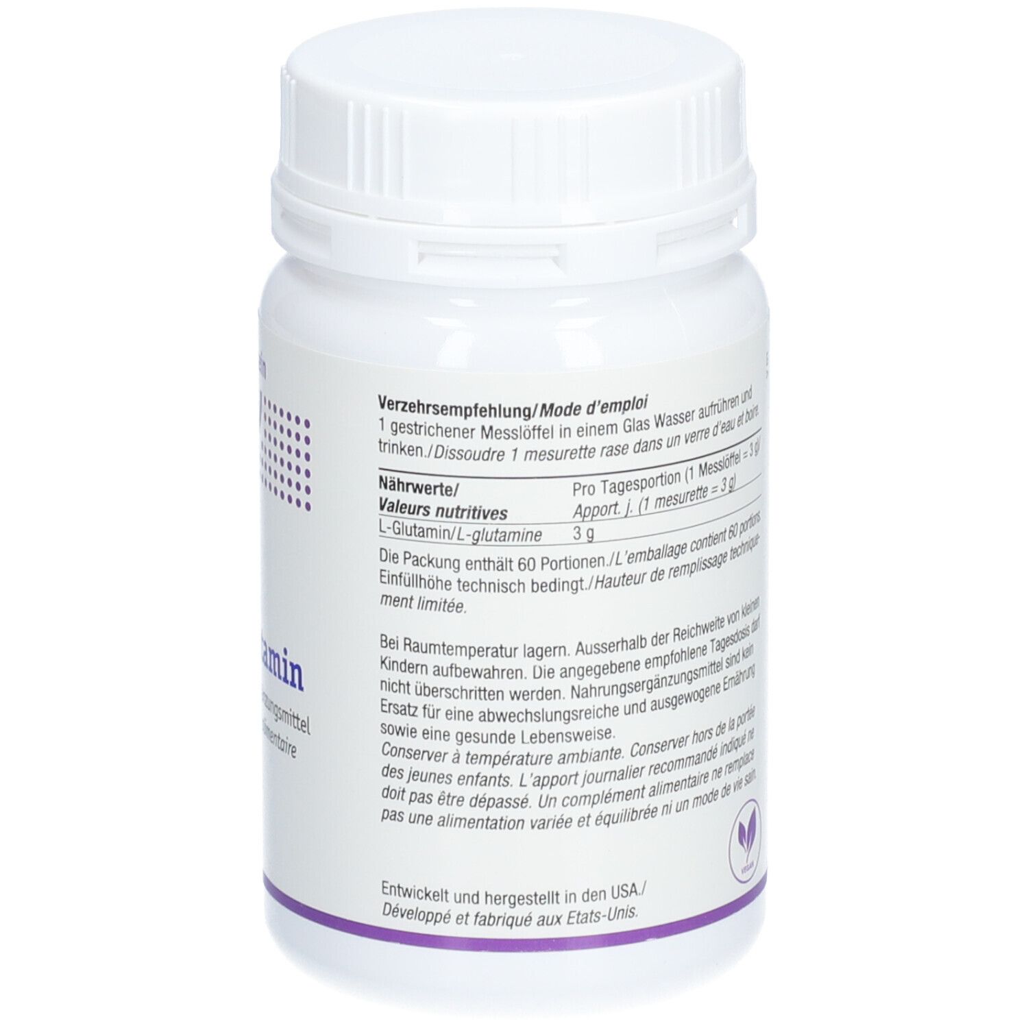 Weiße Supplement-Dose. Textinformationen, Dosierungsempfehlung, Nährwerte, veganes Logo.