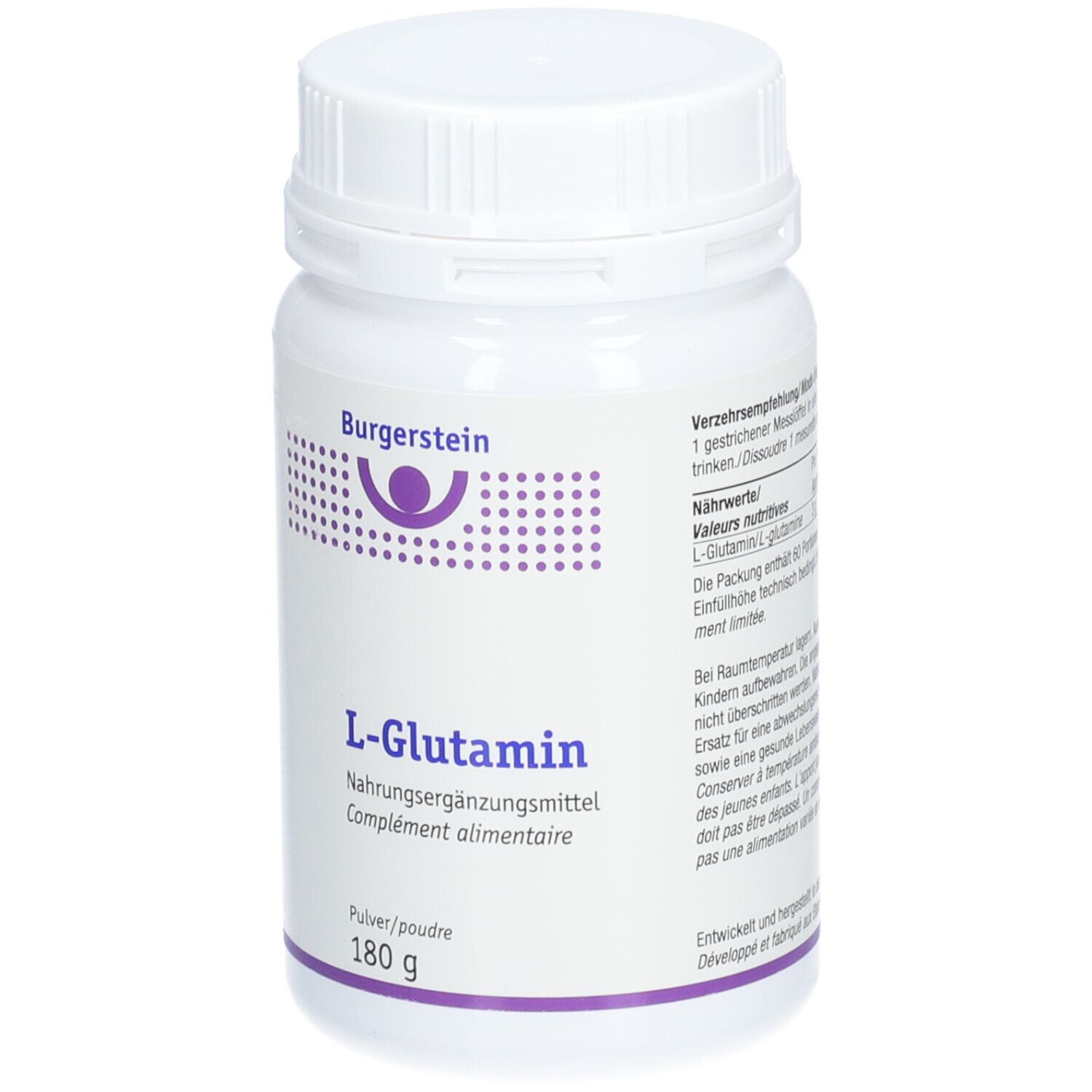 Weiße Supplement-Dose mit Burgerstein-Logo und L-Glutamin-Aufschrift. 180 g Pulver.