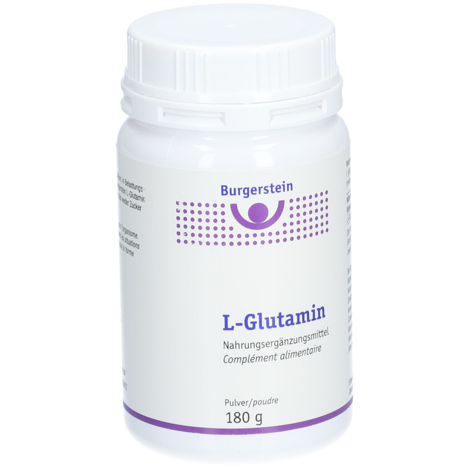 Weiße Supplement-Dose mit Burgerstein-Logo und L-Glutamin-Aufschrift. 180 g Pulver.