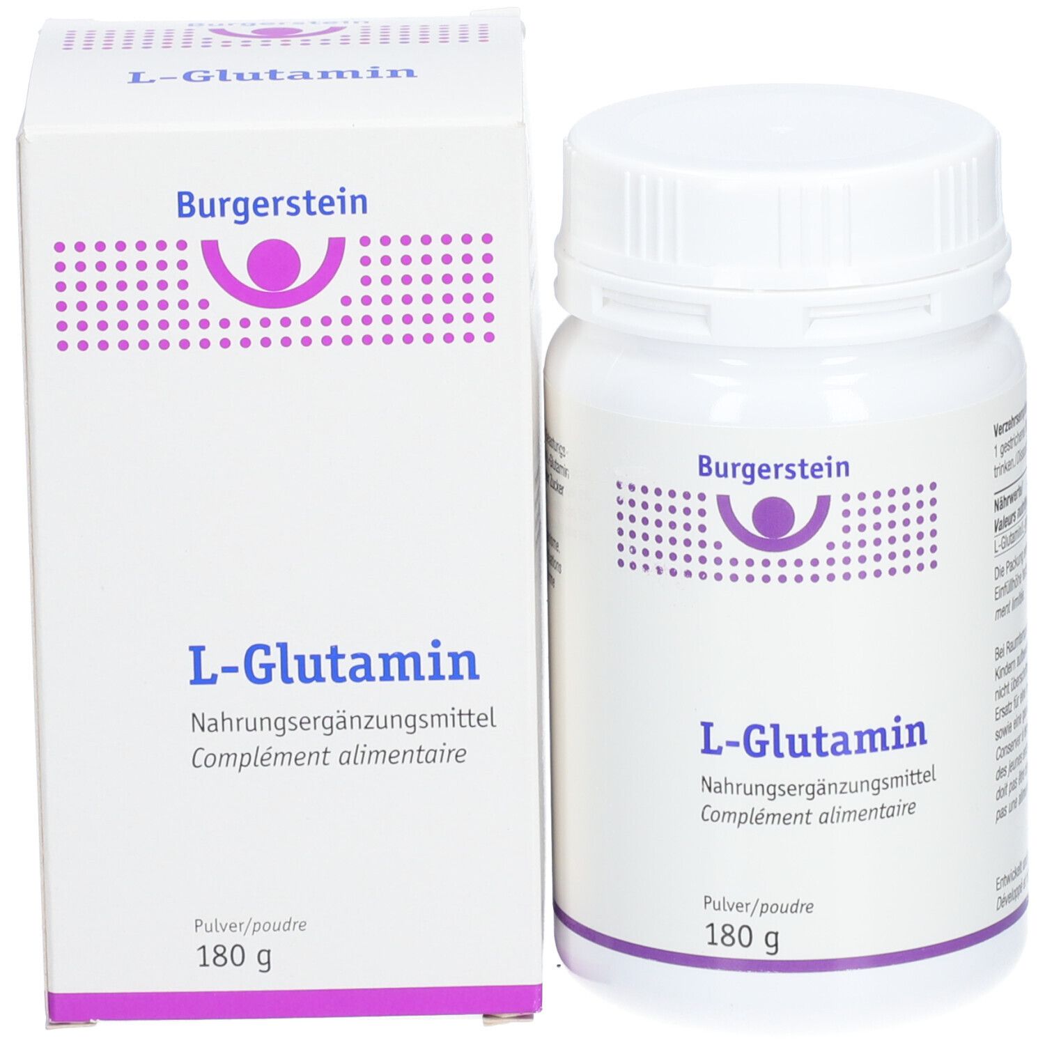 Burgerstein L-Glutamin Dose und Schachtel. Beide weiß mit lila Schrift und Logo. 180 g Pulver.