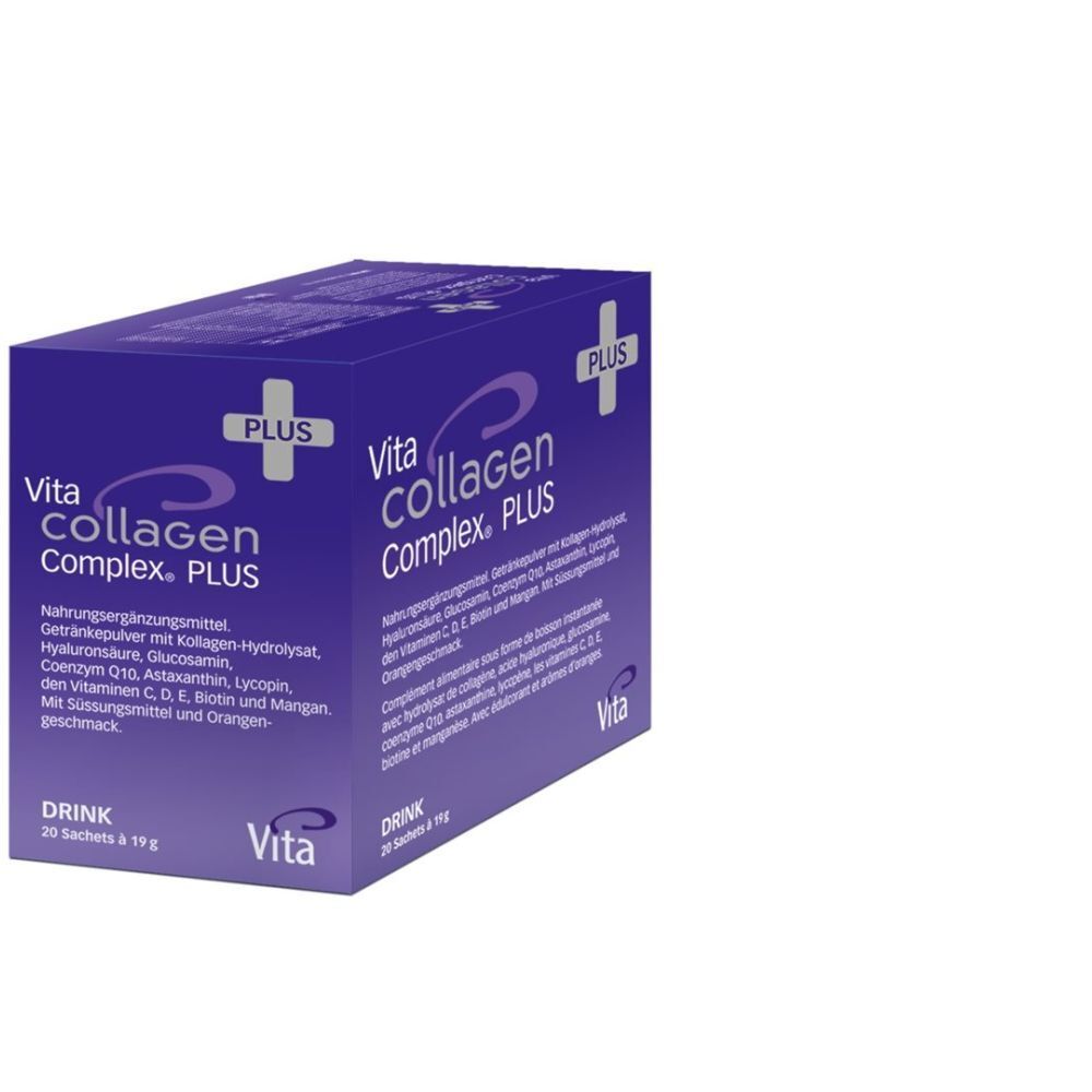Boîte bleu foncé avec logo "Vita Collagen Complex PLUS". Contient 20 sachets. "Drink" et logo "Vita" visibles.