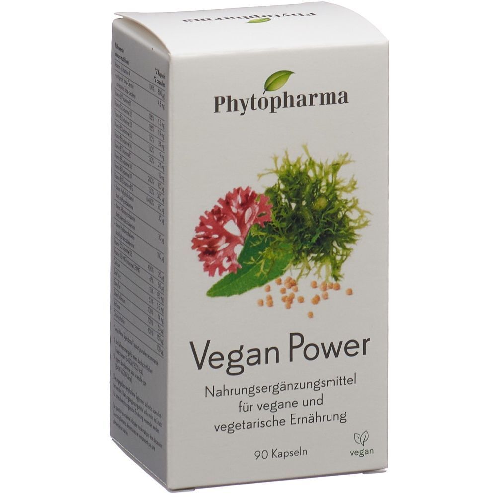 Weißer Karton mit "Phytopharma Vegan Power". Abbildung von Algen und Kapseln. 90 Kapseln, vegan.
