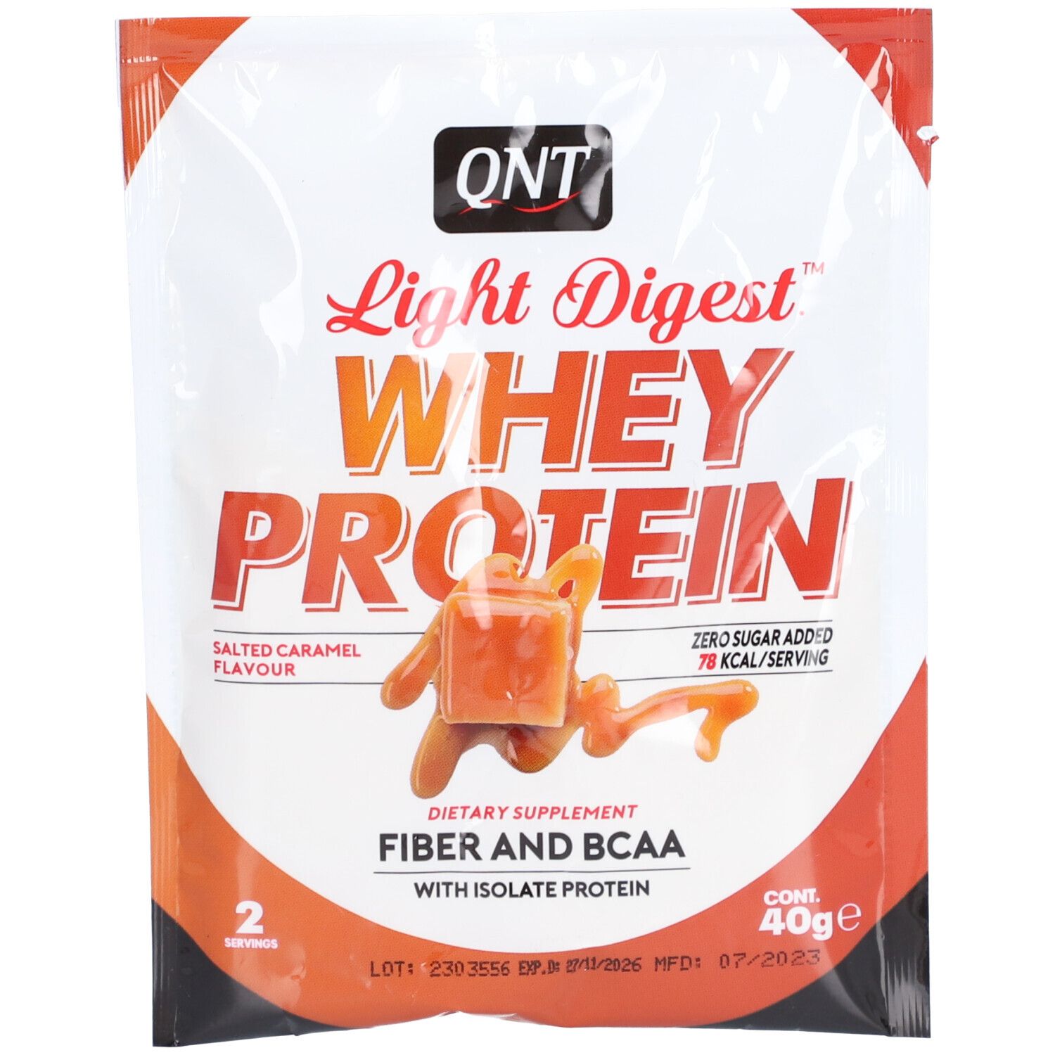 Sachet de QNT Light Digest Whey Protein, Salted Caramel. Texte: Whey Protein, Fiber et BCAA. 2 portions.