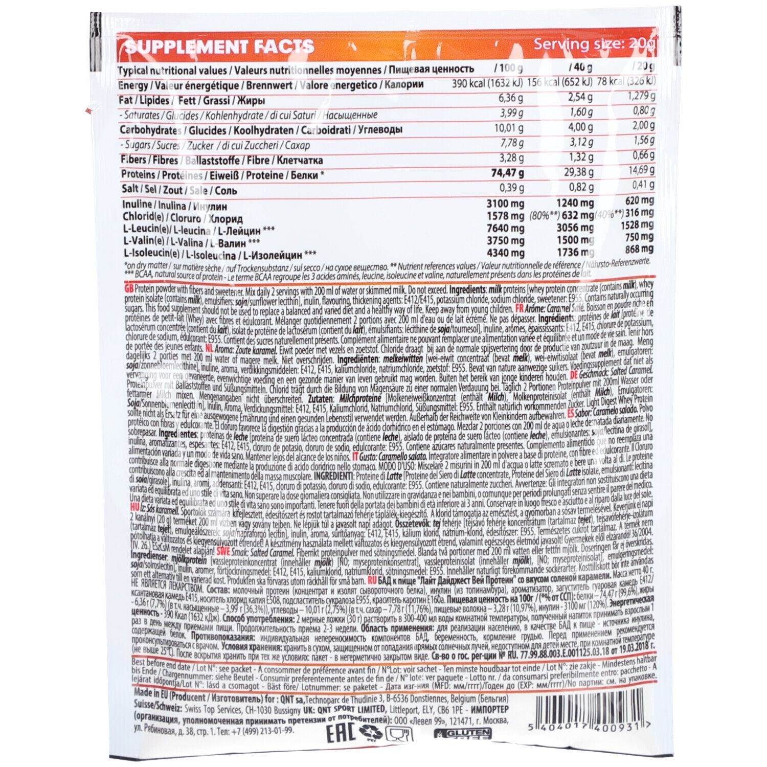 Dos du sachet de protéines avec informations nutritionnelles et liste des ingrédients. Texte multilingue.