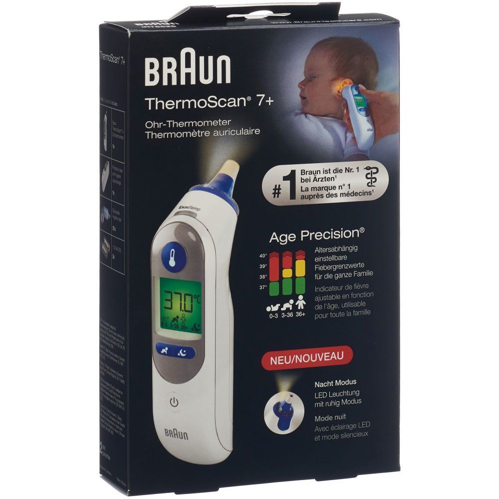 BRAUN ThermoScan 7+ Ohr-Thermometer. Verpackung mit Produktabbildung und Baby. Digitalanzeige mit Temperatur.  'Nr. 1 bei Ärzten'.