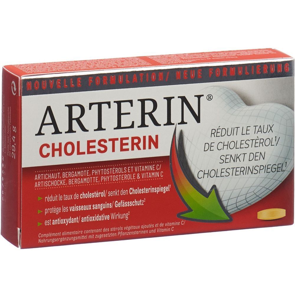 Arterin® Cholesterin-Verpackung. Rote Schachtel mit Produktnamen und Inhaltsangaben. Enthält Tabletten.