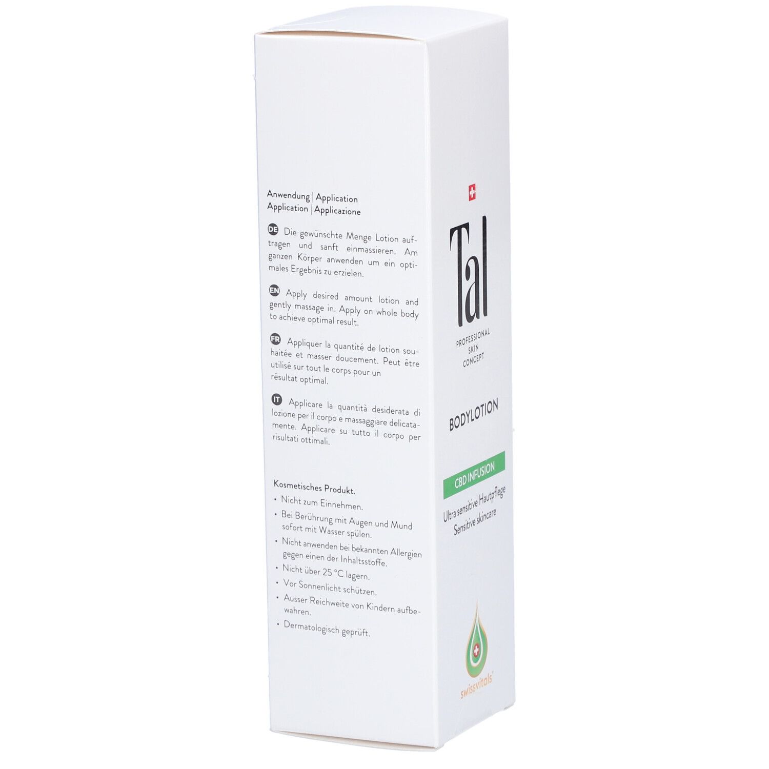 Weiße Verpackung, Text über Anwendung. Logo 'Tal' und 'Bodylotion'. Grün: 'CBD Infusion'. Schweizer Kreuz.