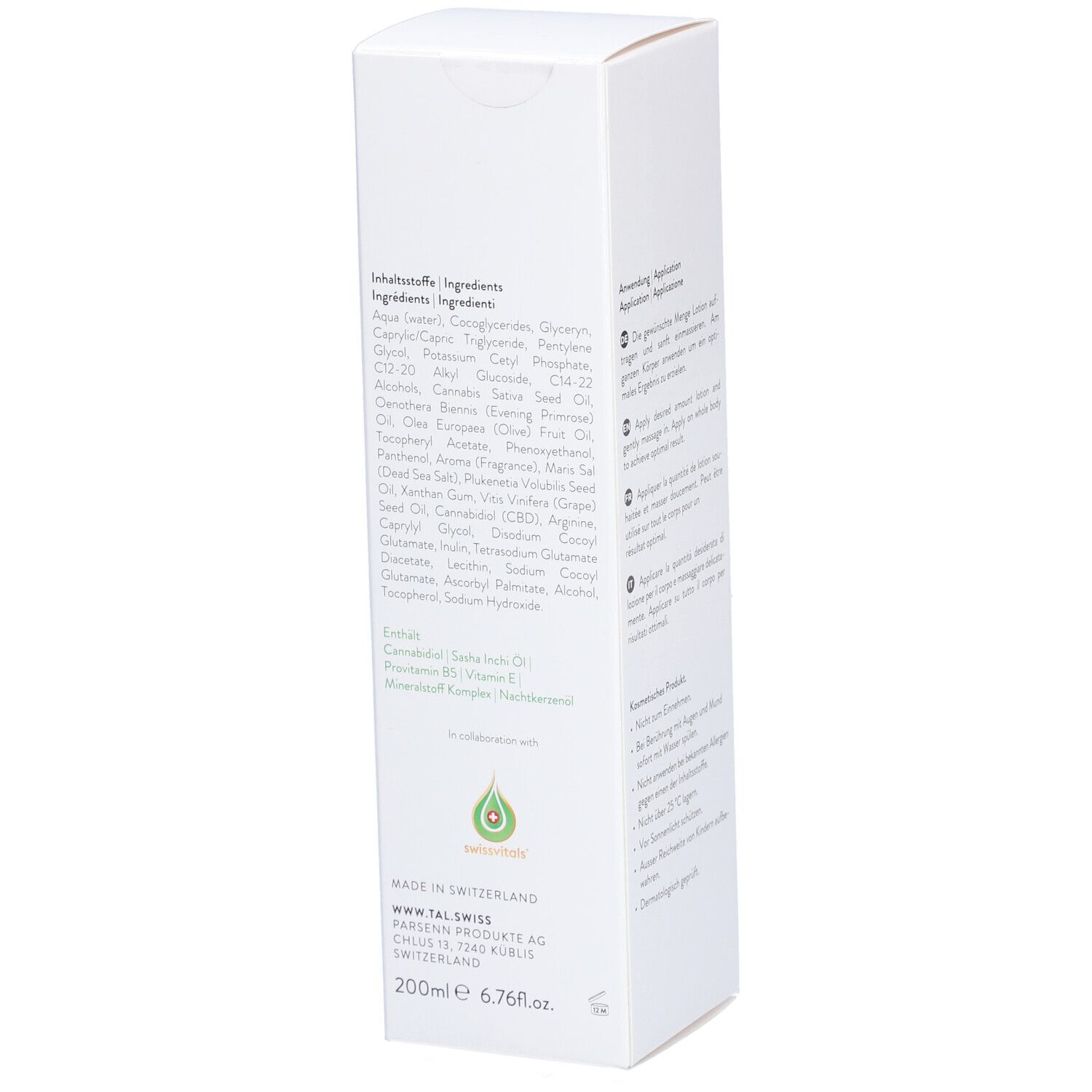 Weiße Verpackung, Inhaltsstoffe aufgelistet. Logo 'Tal' und 'Bodylotion'. Grün: 'CBD Infusion'. Schweizer Kreuz.