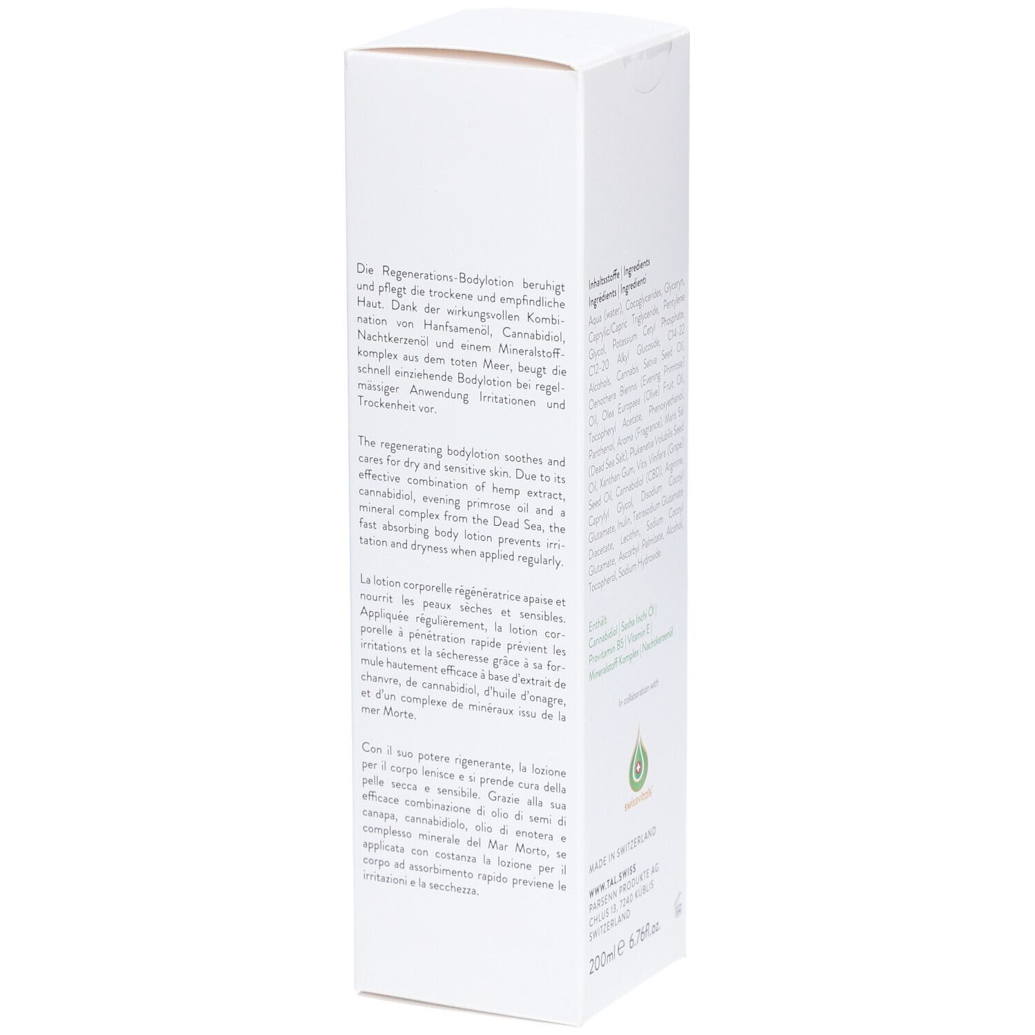 Weiße Verpackung, Text über Regeneration. Logo 'Tal' und 'Bodylotion'. Grün: 'CBD Infusion'. Schweizer Kreuz.