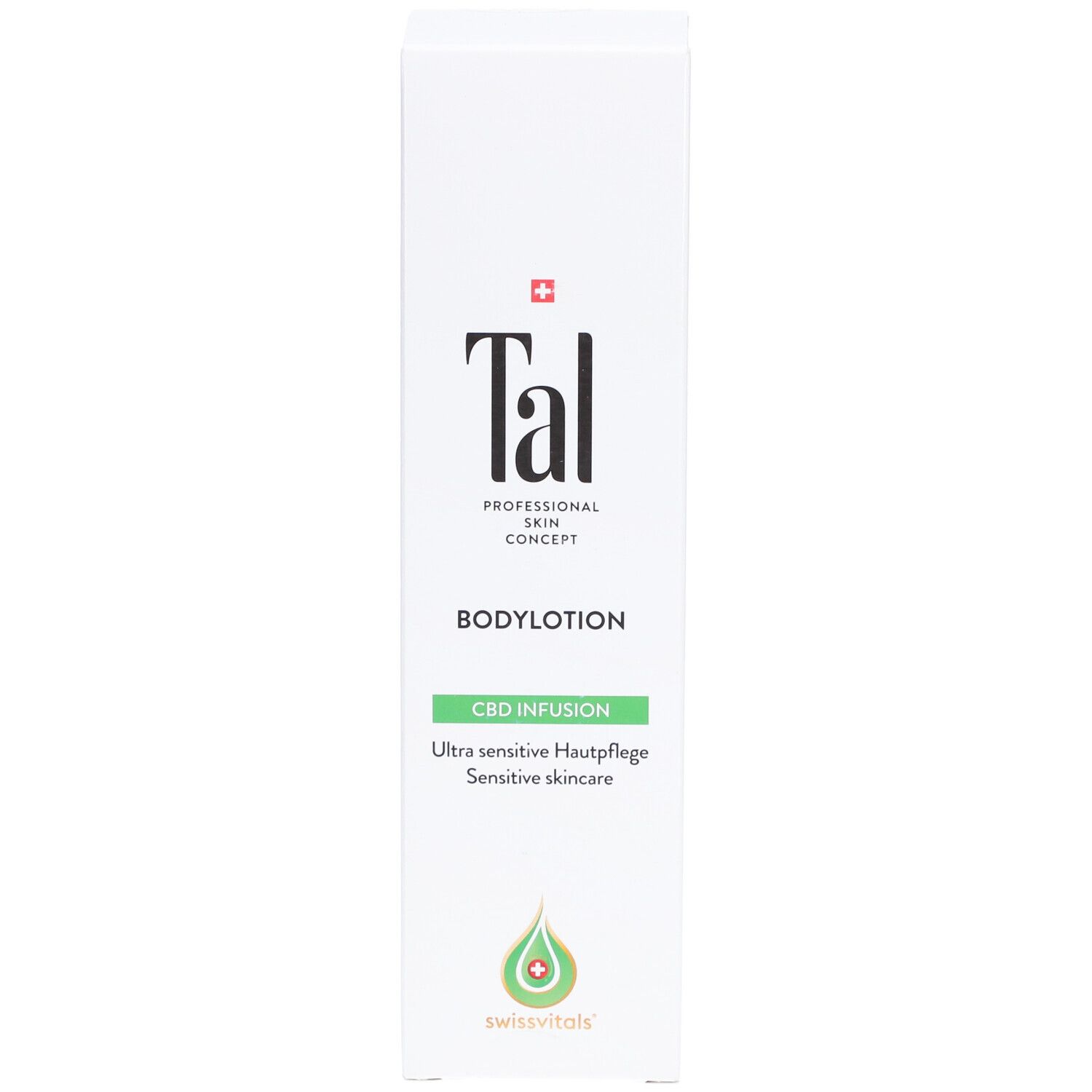 Weiße Verpackung mit Logo 'Tal' und Produktbezeichnung 'Bodylotion'. Grün: 'CBD Infusion'. Schweizer Kreuz.