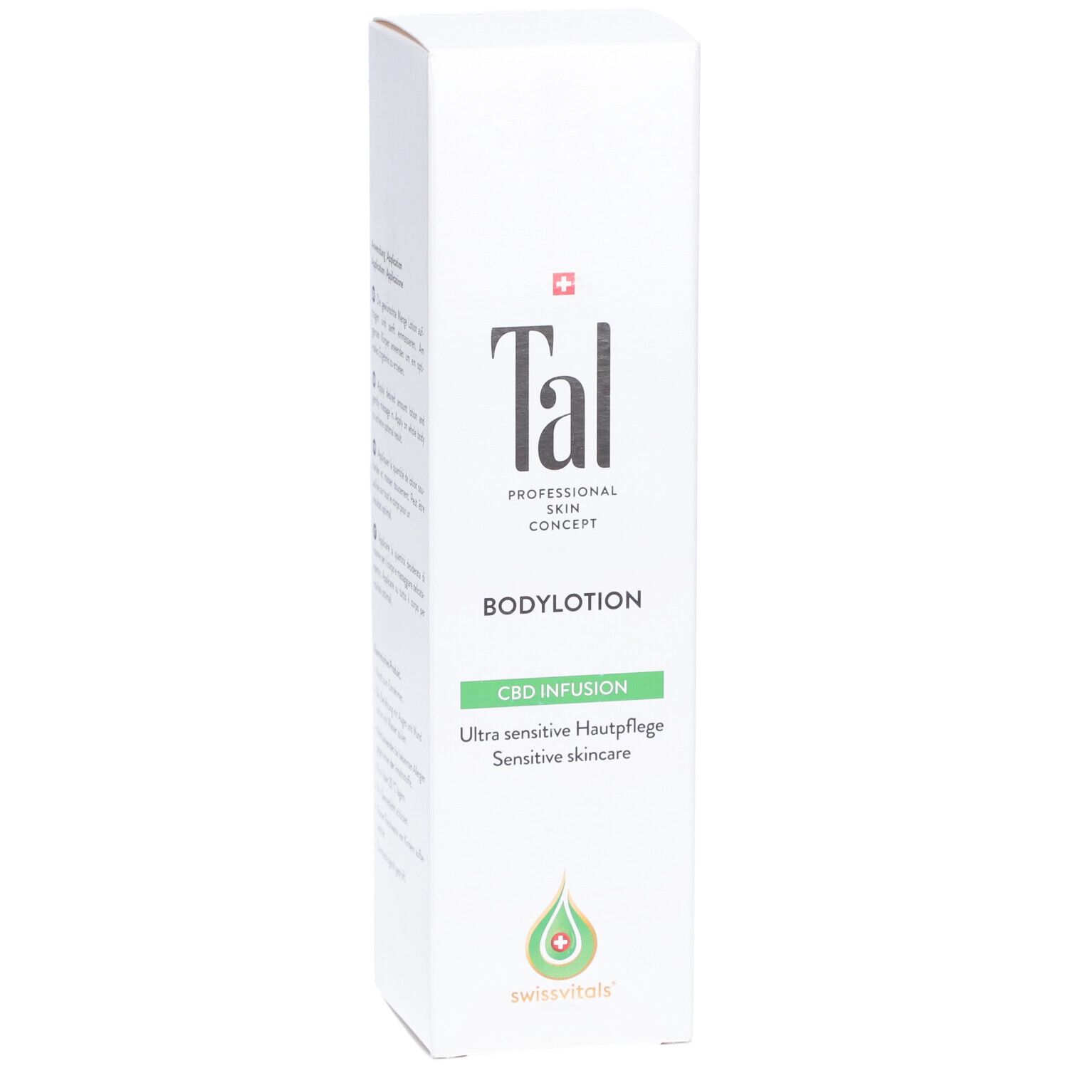 Weiße Verpackung mit Logo 'Tal' und Produktbezeichnung 'Bodylotion'. Grün: 'CBD Infusion'. Schweizer Kreuz.