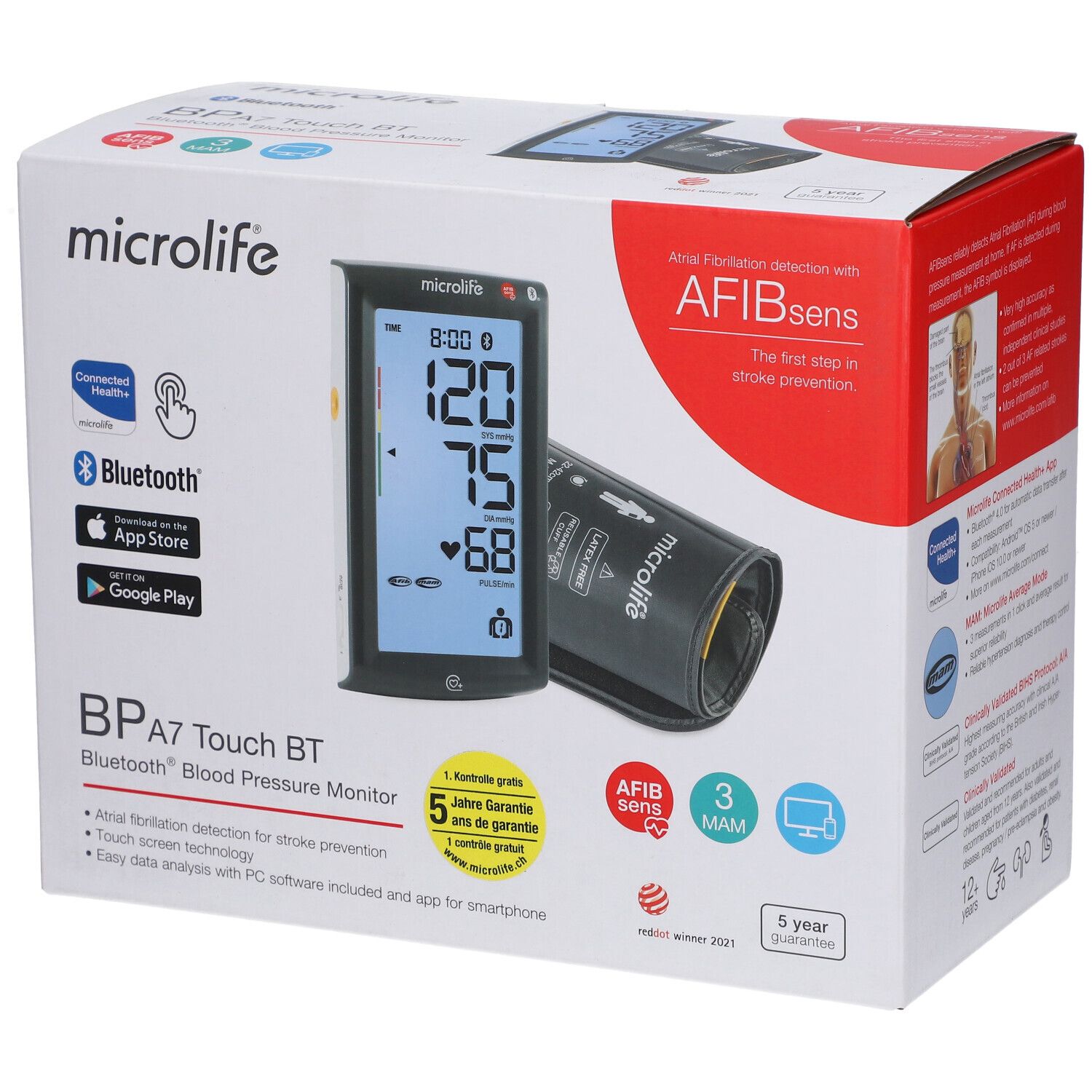 Verpackung des Microlife A7 Touch BT Blutdruckmessgeräts. Gerät und Manschette abgebildet. Bluetooth, AFIBsens und App-Informationen.