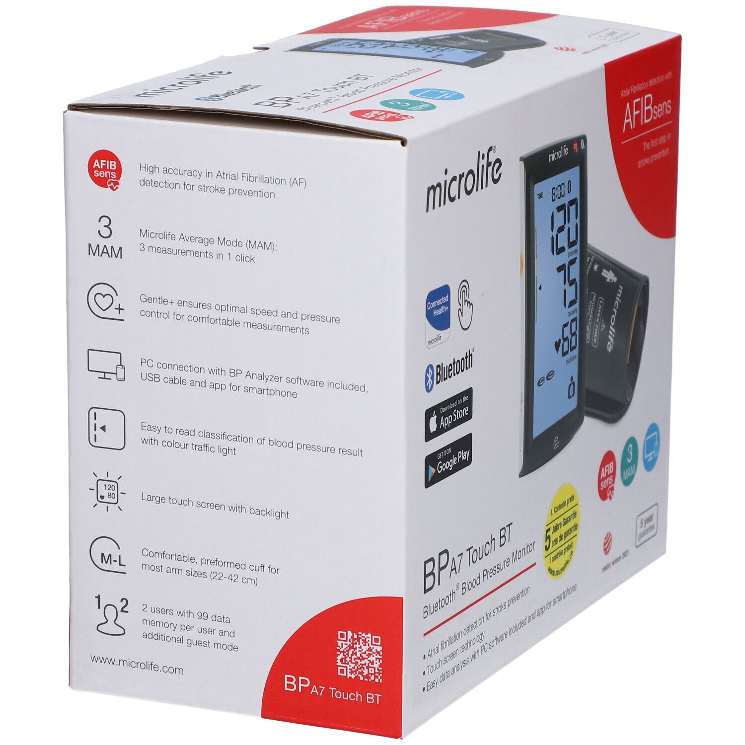 Verpackung des Microlife A7 Touch BT. Details zu AFIBsens, 3 MAM, Bluetooth, Touchscreen, PC-Anbindung und Farbanzeige.