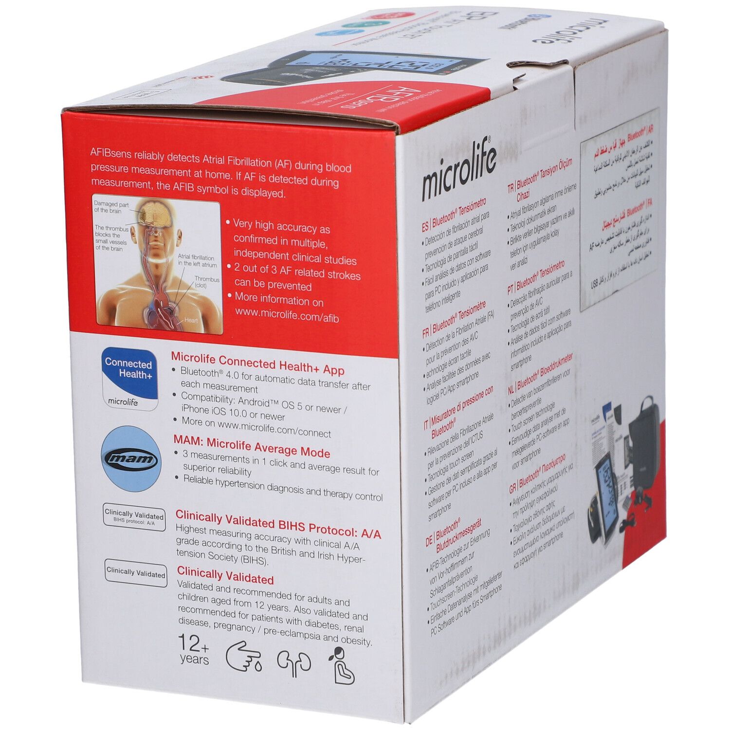 Seite der Microlife A7 Touch BT Verpackung. Informationen zu AFIBsens, MAM, Bluetooth, klinischer Validierung und Altersempfehlung.