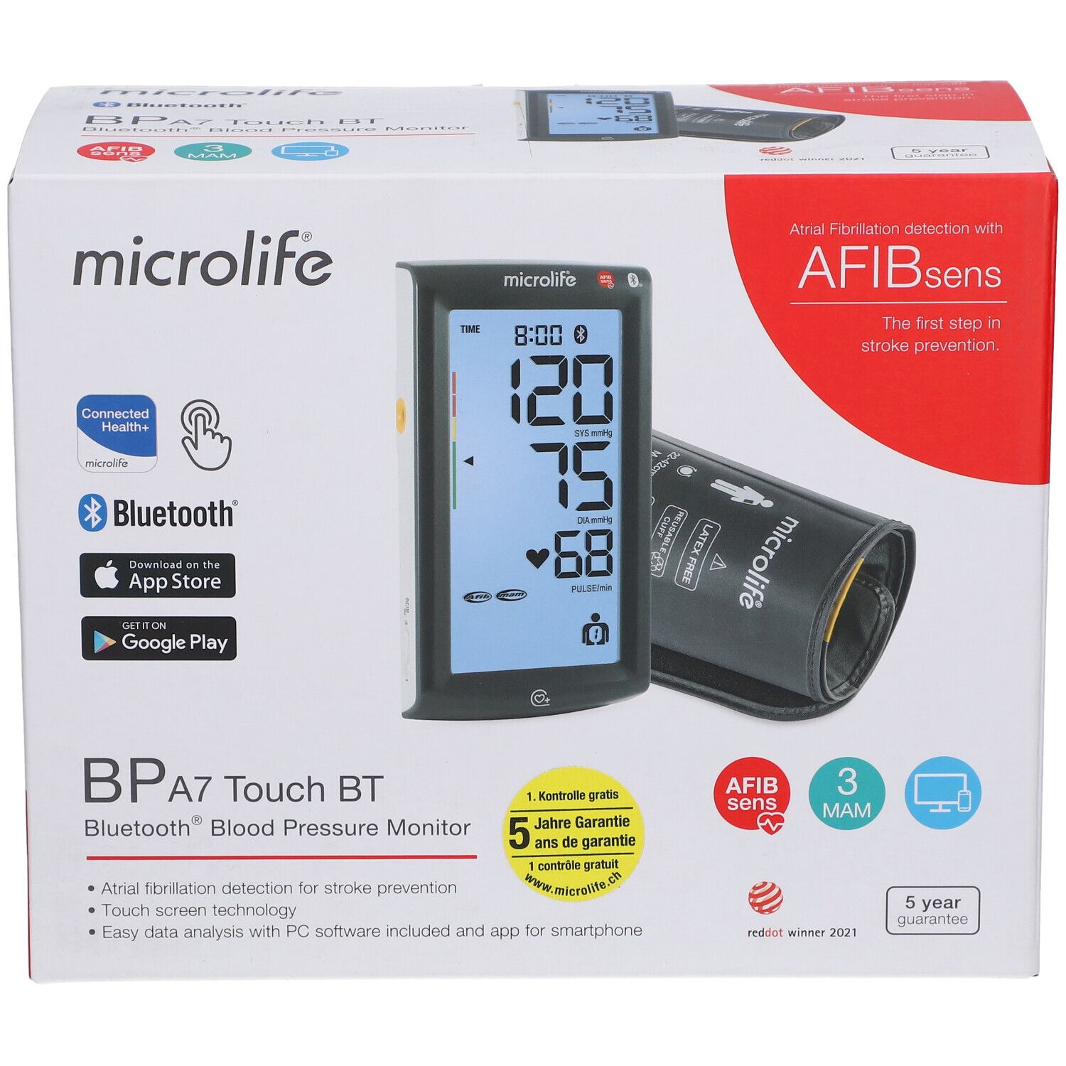 Vorderseite der Microlife A7 Touch BT Verpackung. Blutdruckmessgerät mit Display, Manschette, Bluetooth, AFIBsens und Garantie.