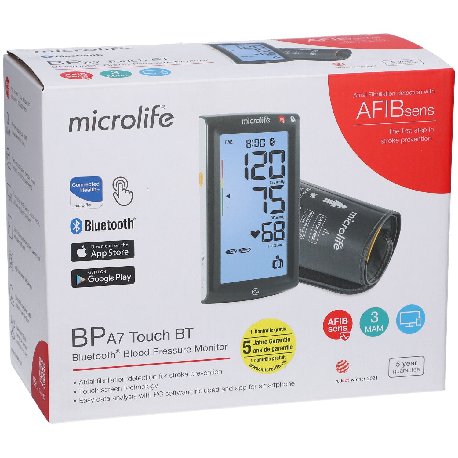 Vorderseite der Microlife A7 Touch BT Verpackung. Blutdruckmessgerät mit Display, Manschette, Bluetooth, AFIBsens und Garantie.