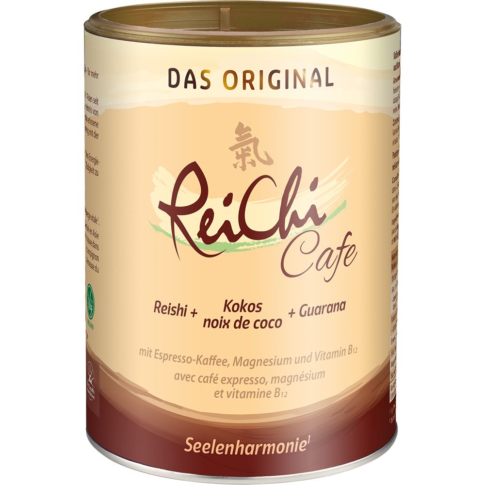 ReiChi Cafe Dose. Reishi, Kokos, Guarana. Espresso-Kaffee, Magnesium, Vitamin B12. Seelenharmonie.