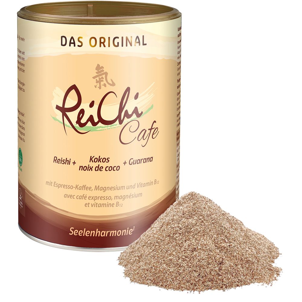 ReiChi Cafe Dose und Pulver. Reishi, Kokos, Guarana. Espresso-Kaffee, Magnesium, Vitamin B12. Pulverhaufen.