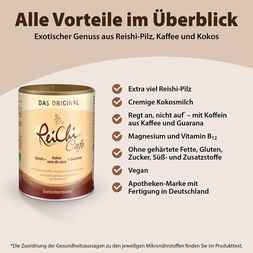 ReiChi Cafe Dose. Vorteile: Reishi-Pilz, Kokosmilch, Koffein, Magnesium, vegan, Apotheken-Marke, ohne Zusätze.