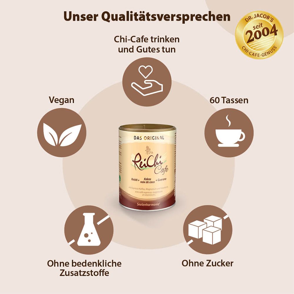 ReiChi Cafe Dose. Vegan, 60 Tassen, ohne Zucker, ohne Zusatzstoffe. Dr. Jacob's seit 2004. Chi-Cafe trinken.