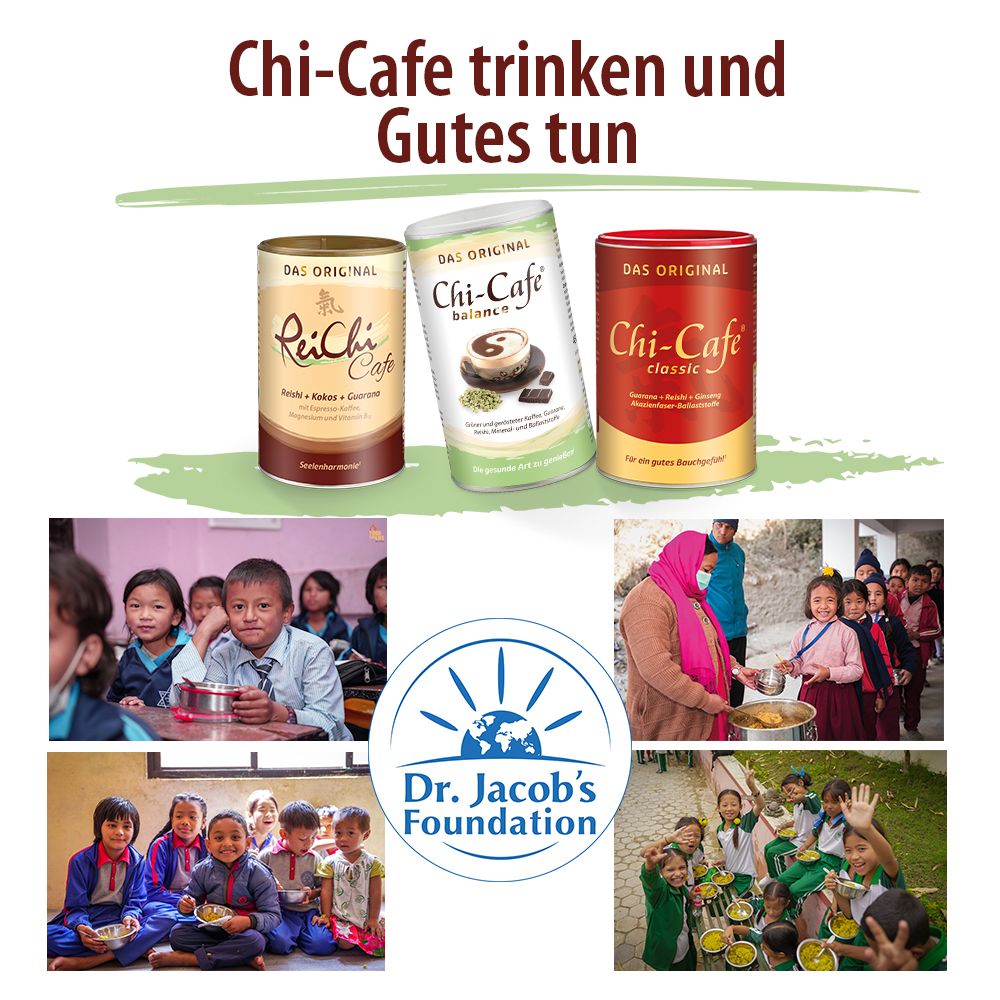 Drei ReiChi Cafe Dosen. Chi-Cafe trinken und Gutes tun. Kinder in Nepal. Dr. Jacob's Foundation.