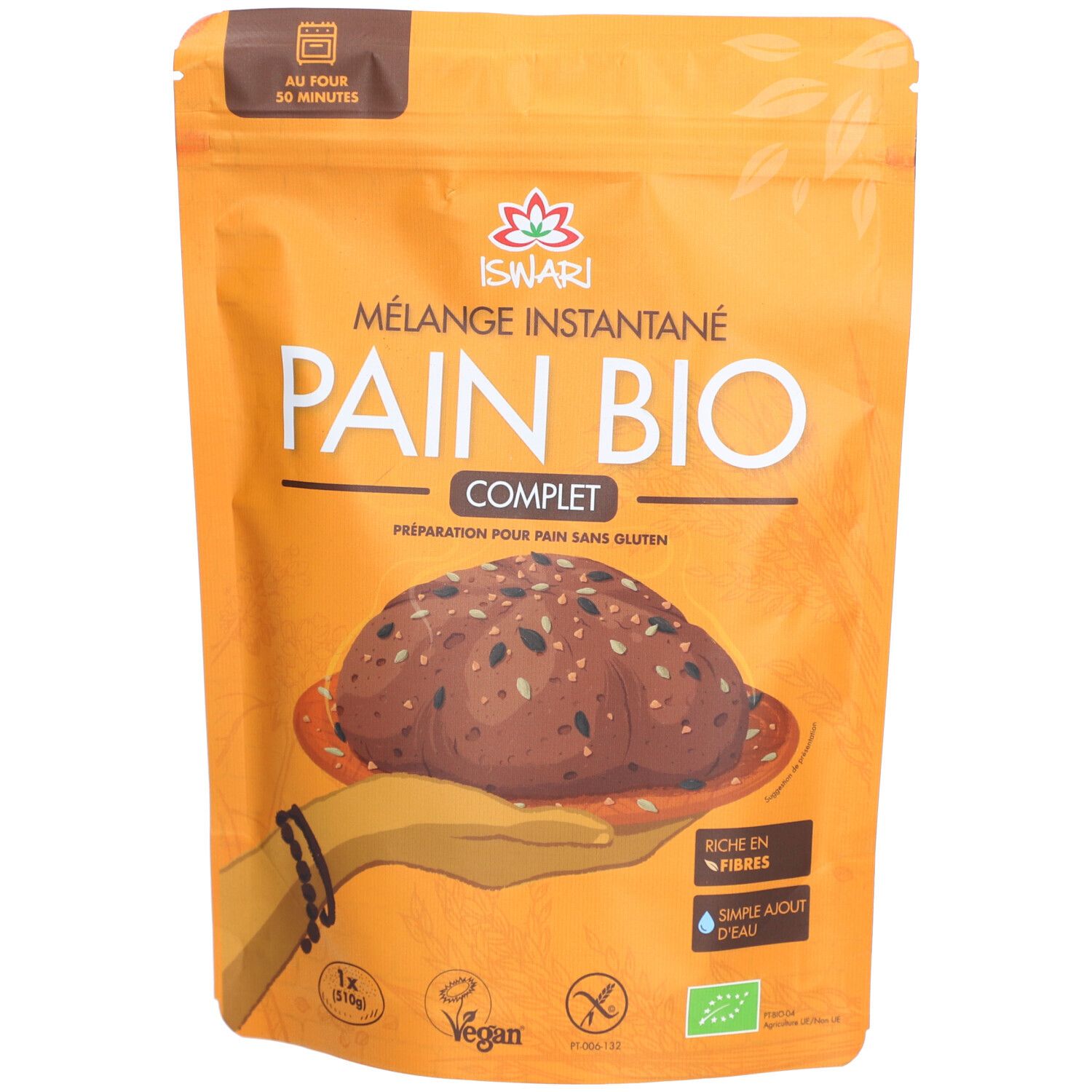 Verpackung ISWARI Instantmischung Bio Vollkornbrot glutenfrei. Aufdruck: Pain Bio Complet, vegan, Bio-Siegel, Hand mit Brot.