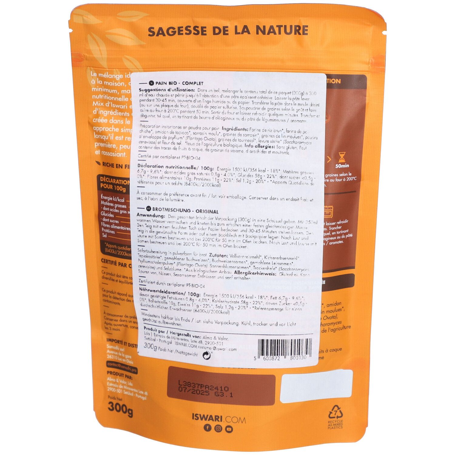 Rückseite der Verpackung ISWARI Instantmischung Bio Vollkornbrot glutenfrei. Textabschnitte, Nährwertangaben, Bio-Siegel, ISWARI.com.