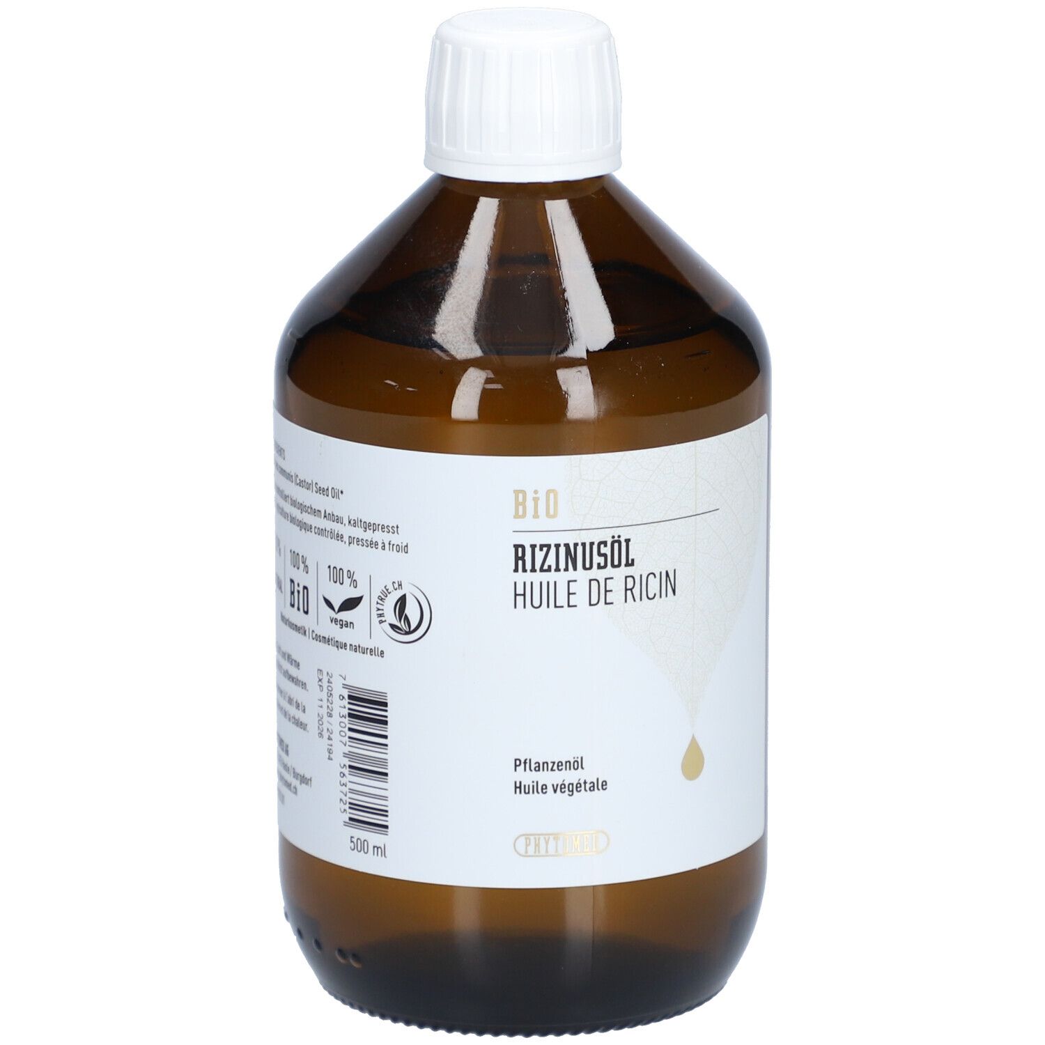 Braune Glasflasche mit weißem Deckel. Etikett mit Aufschrift BIO Rizinusöl, Huile de Ricin. Tropfensymbol.