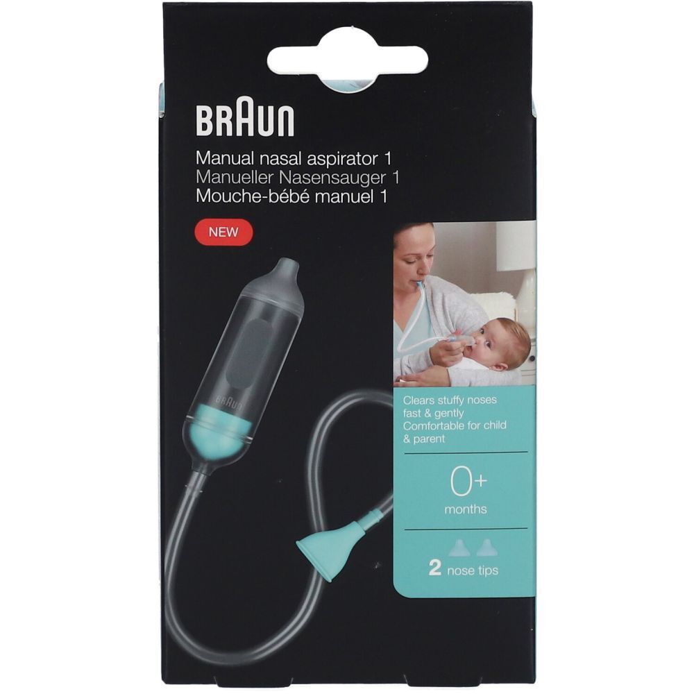 Verpackung des BRAUN Manuelle Nasensauger. Enthält Nasensauger, 2 Nasenaufsätze. Geeignet ab 0 Monaten.