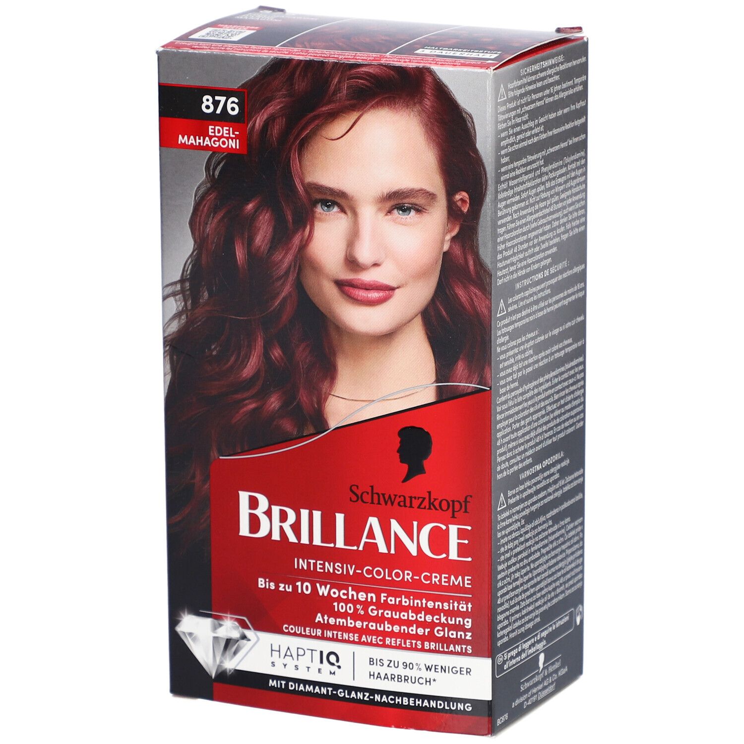Verpackung von Brilliance 876 Edelmahagoni. Rote Box mit Frauengesicht. Schwarzkopf Brilliance Schriftzug.