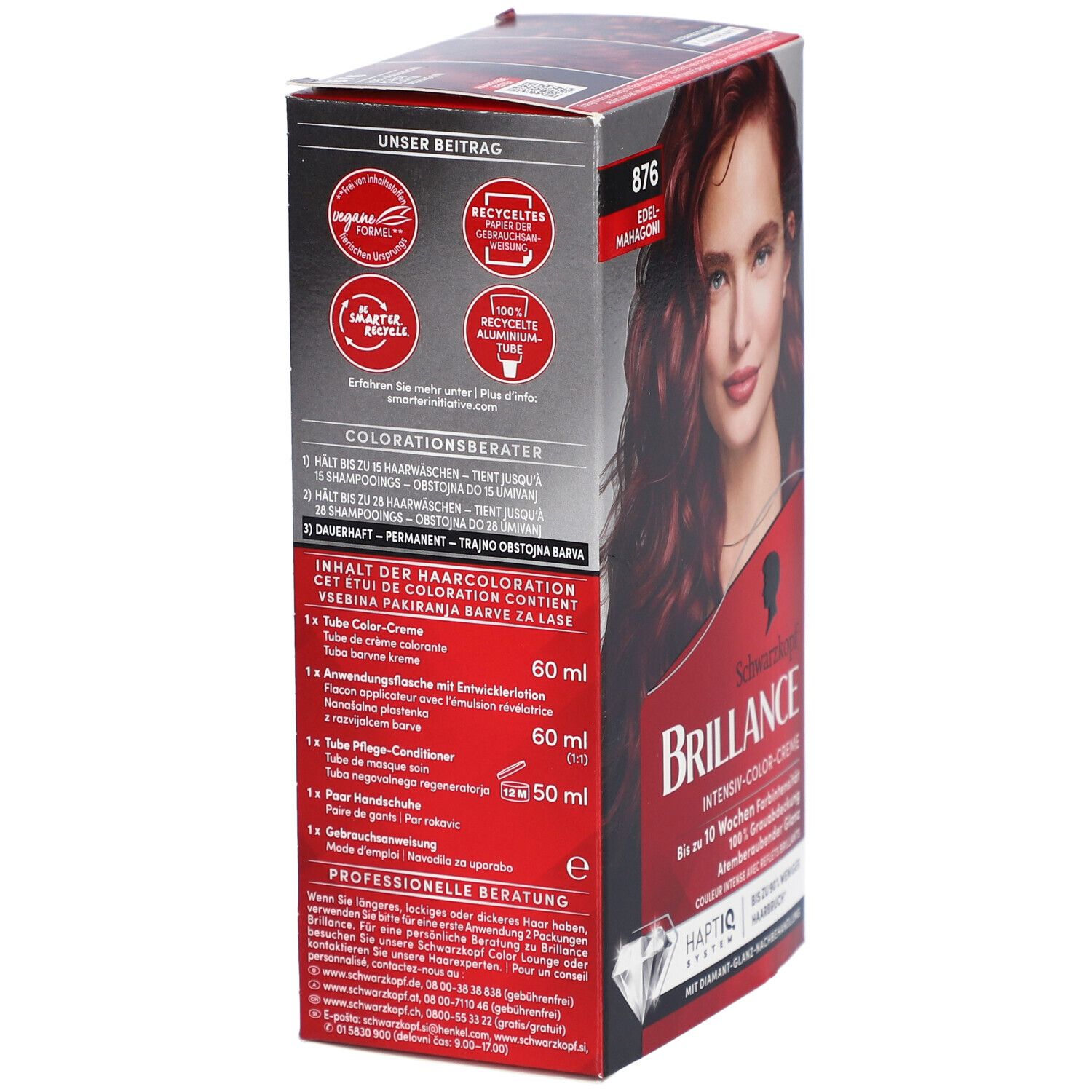 Rückseite der Brilliance 876 Edelmahagoni Verpackung. Enthält Text und Abbildungen. Schwarzkopf Brilliance Schriftzug.