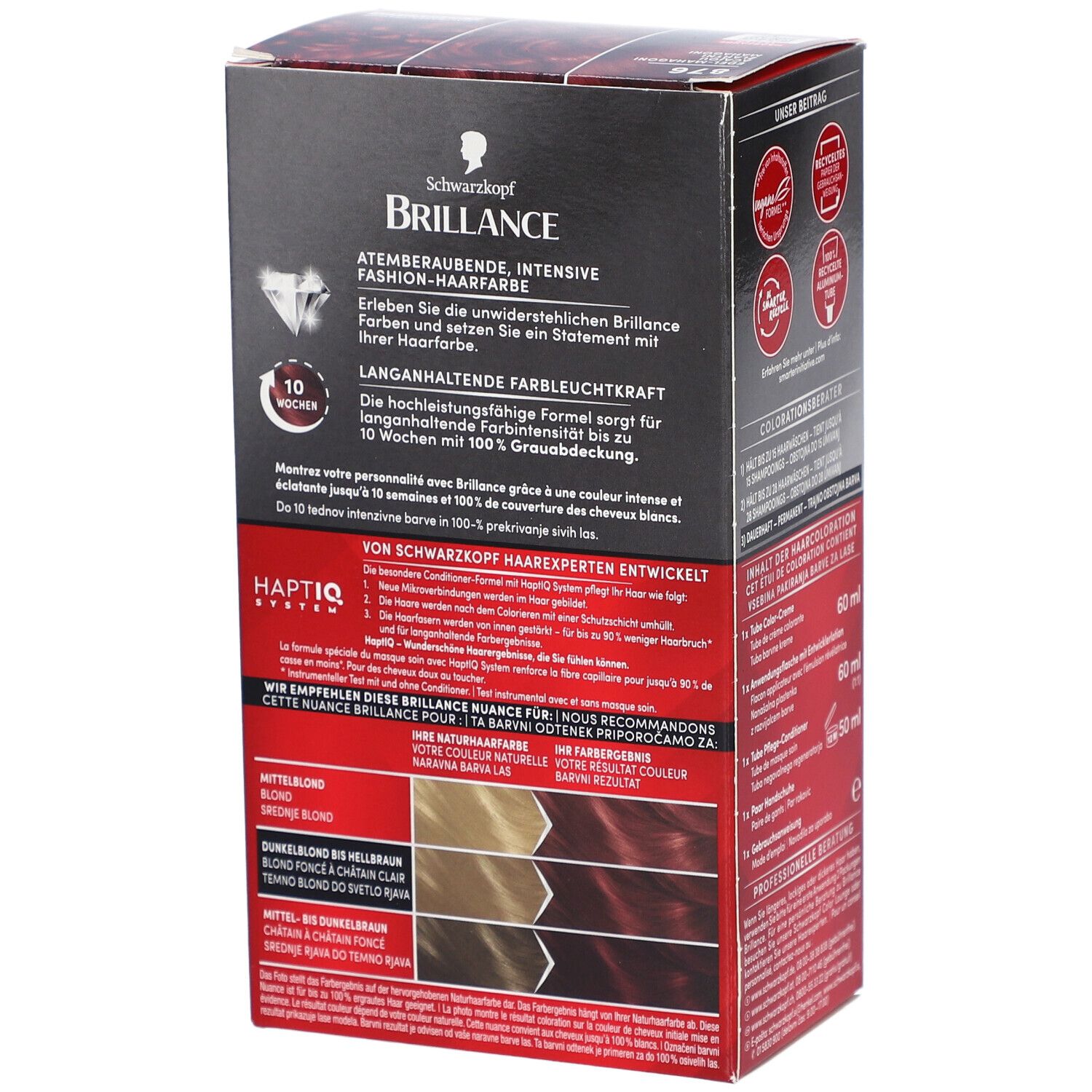 Seite der Brilliance 876 Edelmahagoni Verpackung. Enthält Text und Abbildungen. Schwarzkopf Brilliance Schriftzug.